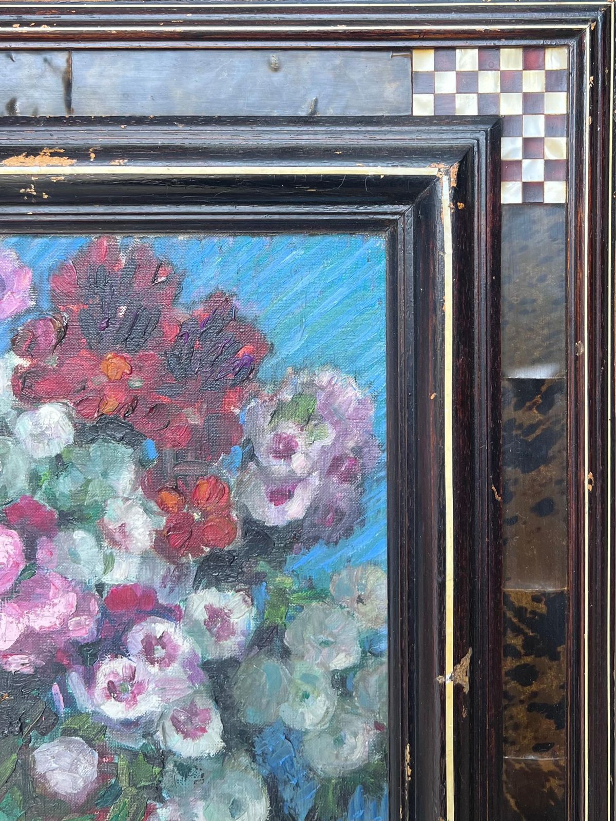 photo for sale Nelly Cathala Mongoin (1916)fine Mid 20th Century French Still Life Oil Painting Flowers In Copper Pitcher