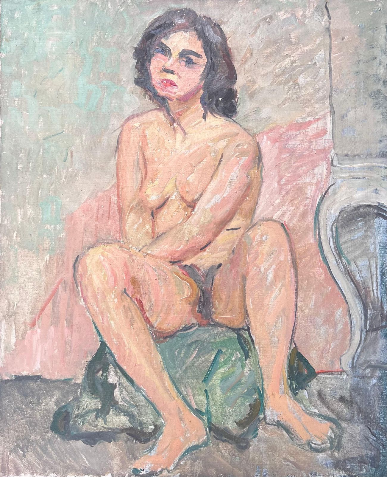 Suzanne Dinkesfull Body Nude Female Study Posed On Stall French Mid Century Painting1950's