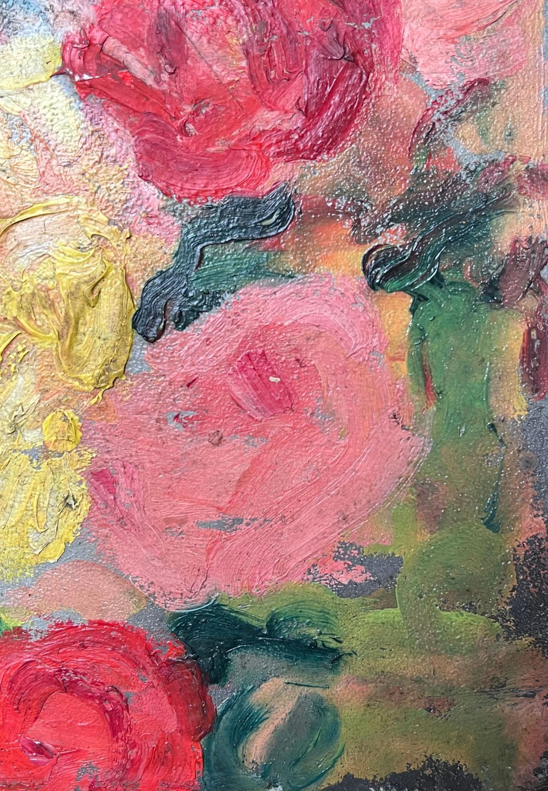 Suzanne Dinkesfrench Mid Century Painting Red , Yellow And Pink Rose Still Life1950's photo for sale