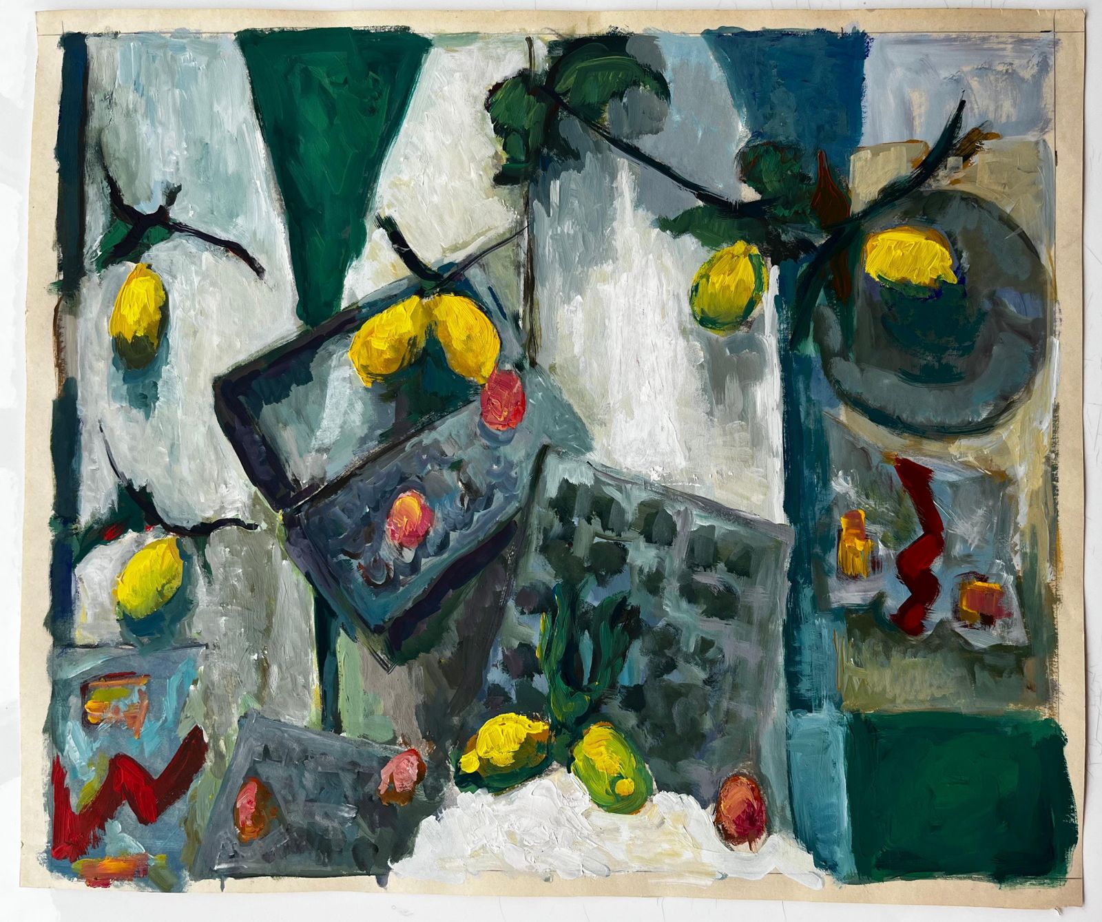 Guy Nicod Still Life With Lemons Fruit Boxes And Green Leaves French Modernist Gouache photo furniture