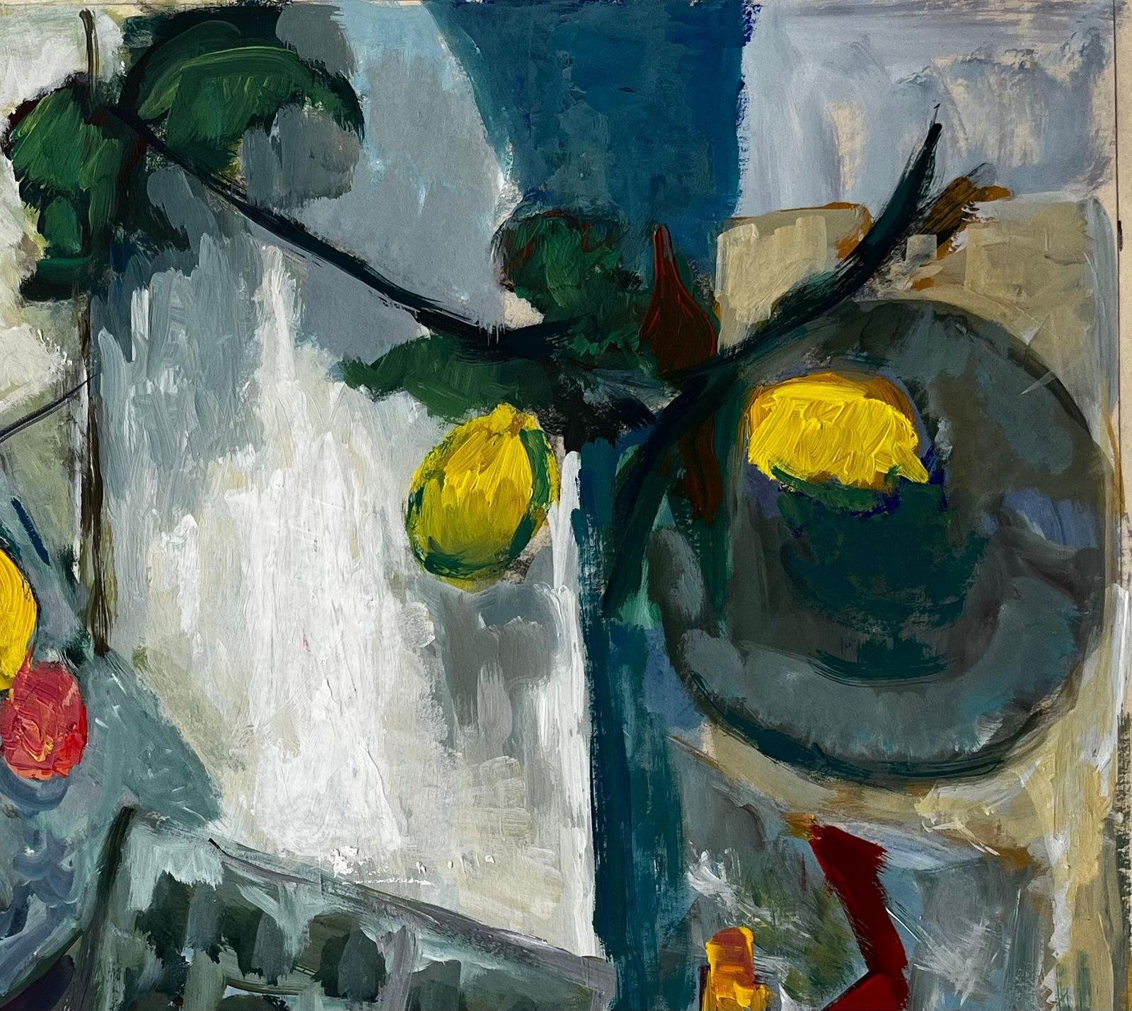 Guy Nicod Still Life With Lemons Fruit Boxes And Green Leaves French Modernist Gouache photo Art