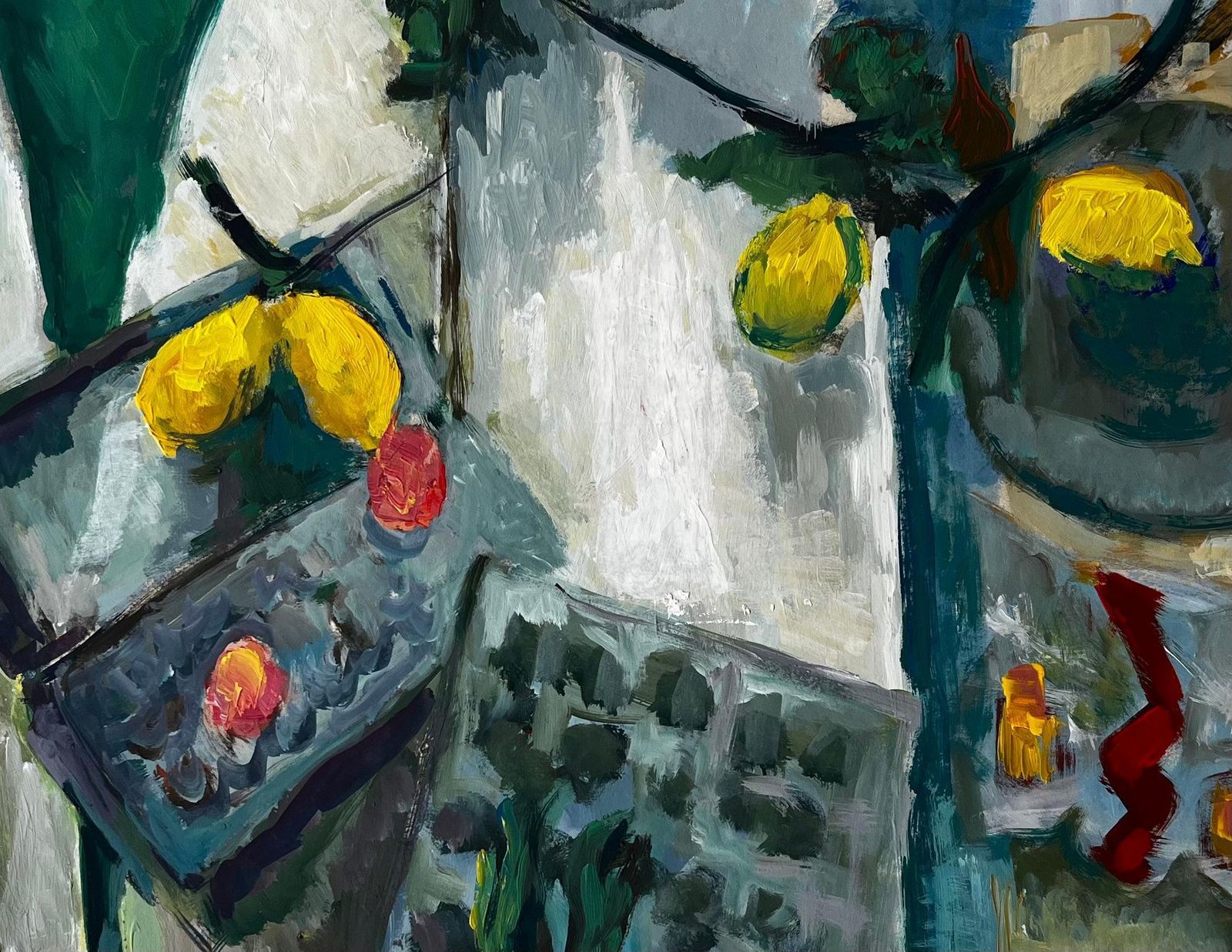 Guy Nicod Still Life With Lemons Fruit Boxes And Green Leaves French Modernist Gouache photo buy