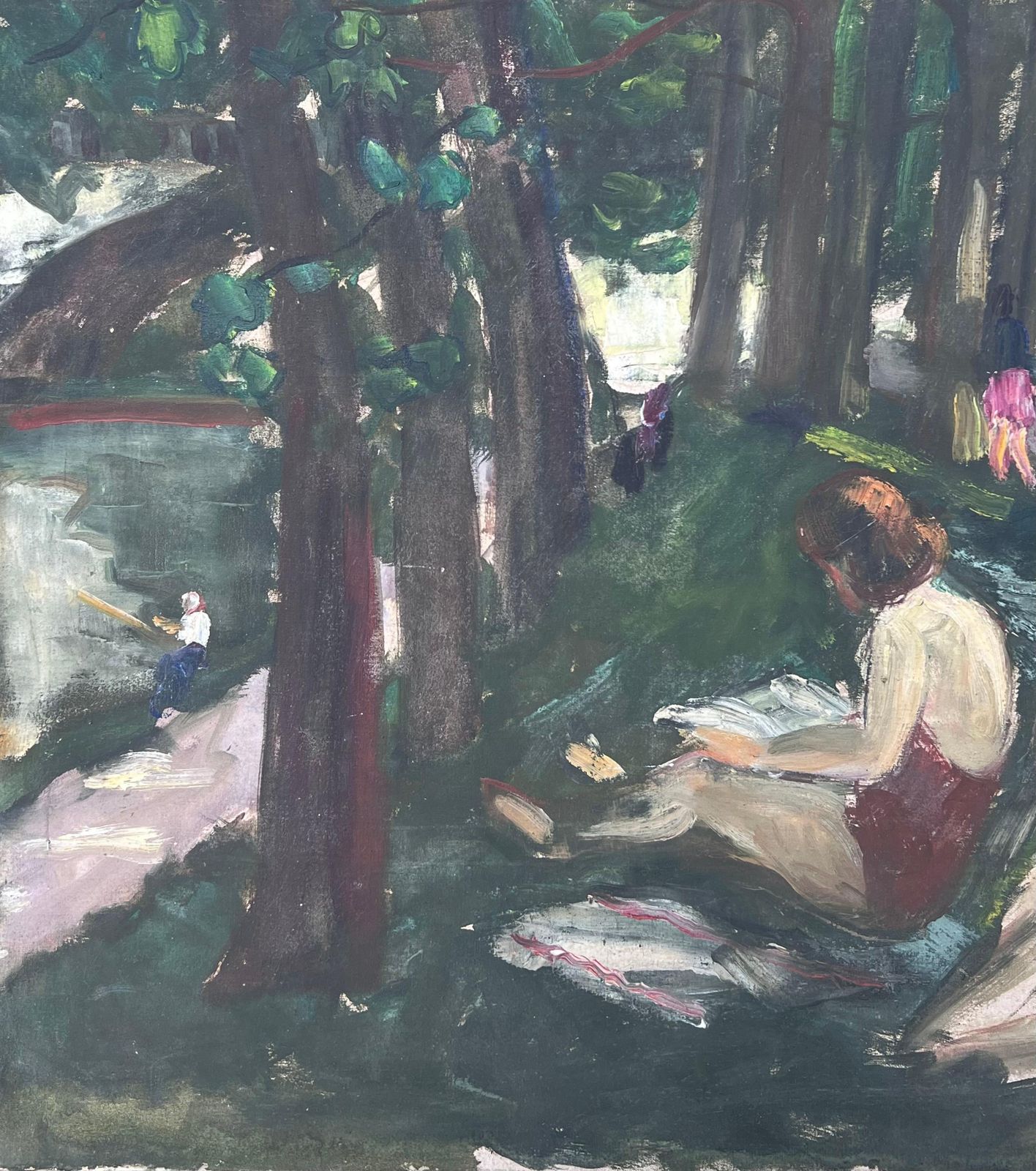 Suzanne Dinkesfigures Sunbathing By The Woodland River Bay French Mid Century Painting1950's photo Art