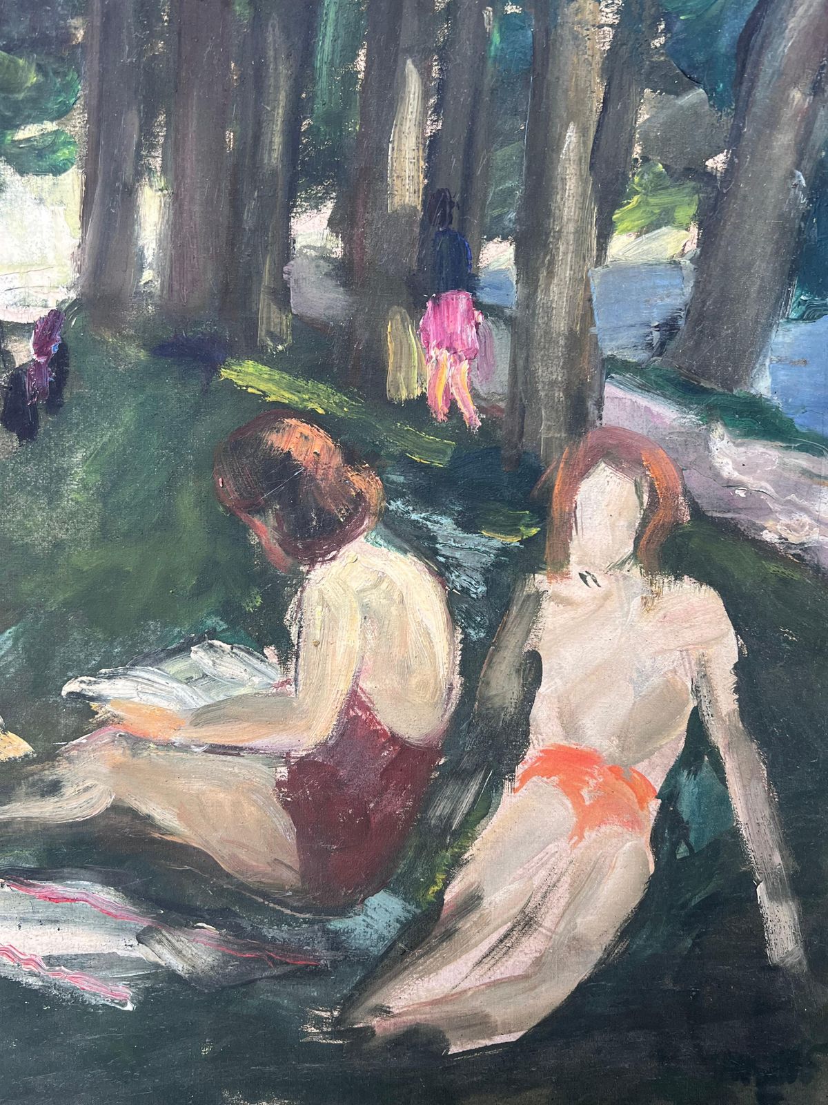 Suzanne Dinkesfigures Sunbathing By The Woodland River Bay French Mid Century Painting1950's photo 636.0