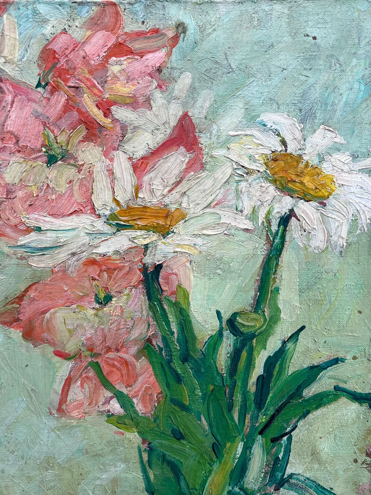 Suzanne Dinkesdaisies & Pink Flowers In Green Room Interior French Mid Century Painting1950's photo for sale