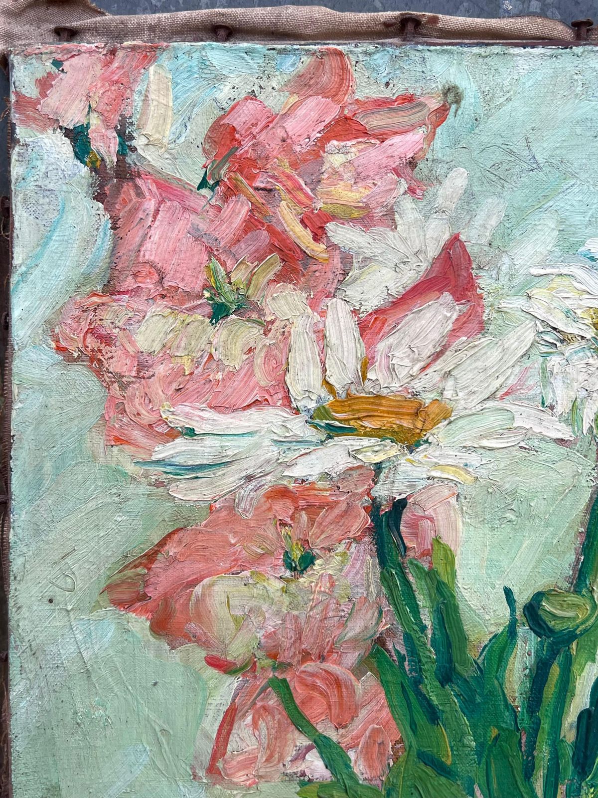 Suzanne Dinkesdaisies & Pink Flowers In Green Room Interior French Mid Century Painting1950's photo Art