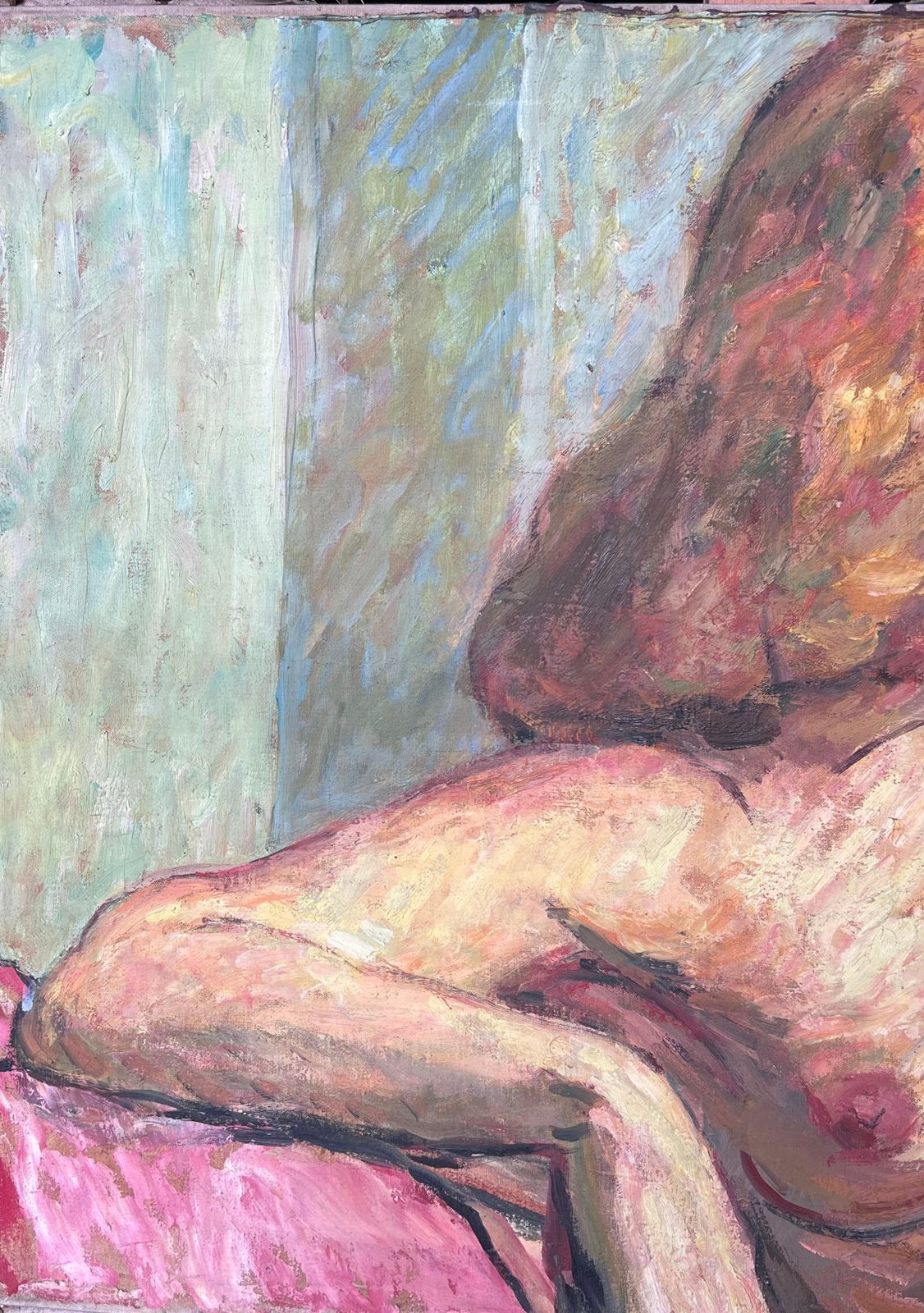 Suzanne Dinkesportrait Of A Posed Nude Lady On A Pink Sofa Mid Century French Painting1950's photo for sale