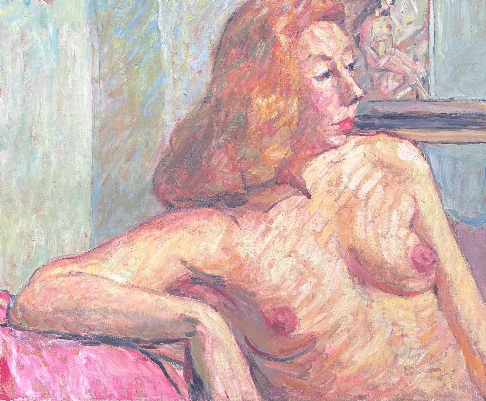 Suzanne Dinkesportrait Of A Posed Nude Lady On A Pink Sofa Mid Century French Painting1950's photo 728.0