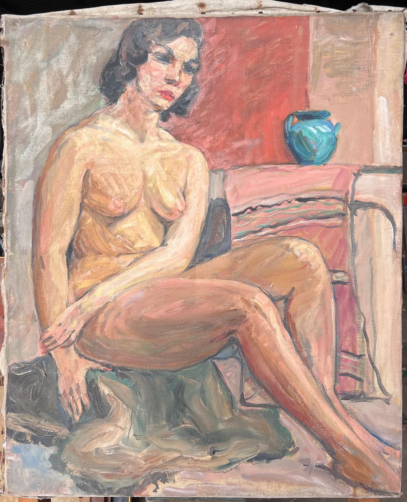 Suzanne Dinkesnude Lady Posed On Stall With A Blue Terracotta Pot French Mid Century Painting1950's photo vinterior