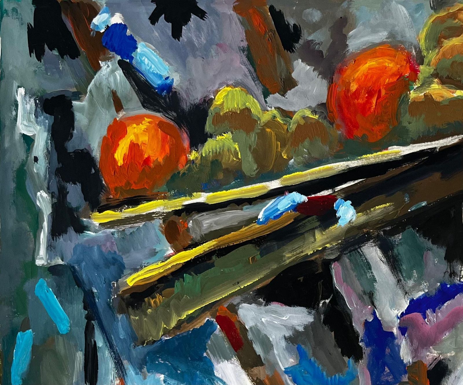 Guy Nicodabstract Still Life With Fruit And Artist’s Tools French Modern Gouache Painting photo for sale