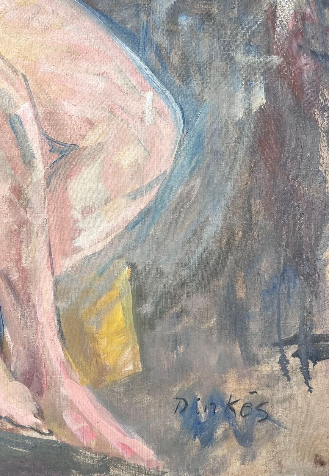 Suzanne Dinkesportrait Of A Nude Lady Sat On Yellow Blanket Gazed Down French Painting1950's photo vinterior