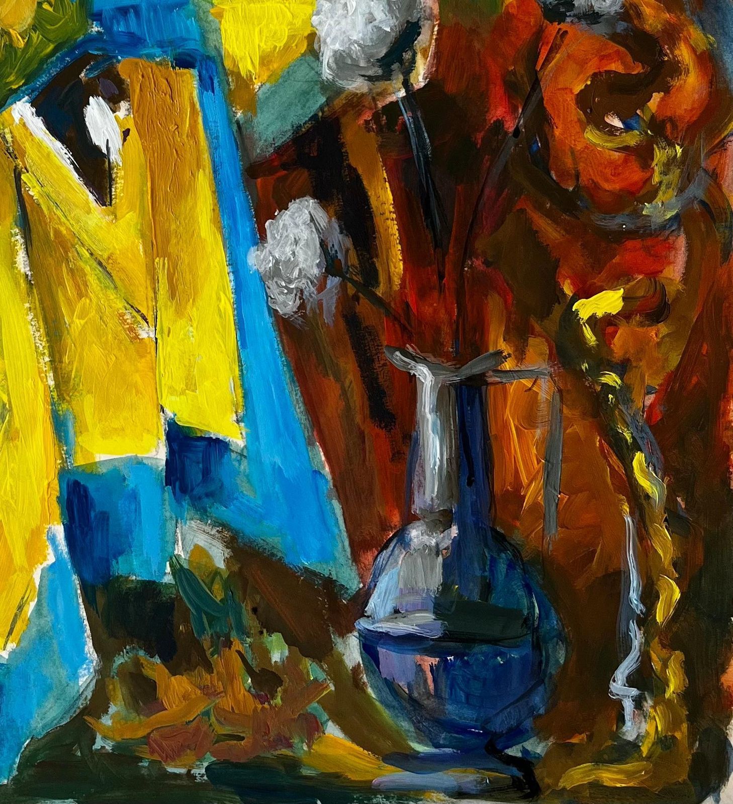 Guy Nicod French Modernist Still Life With Blue And Yellow Drapes And Autumn Background photo vinterior