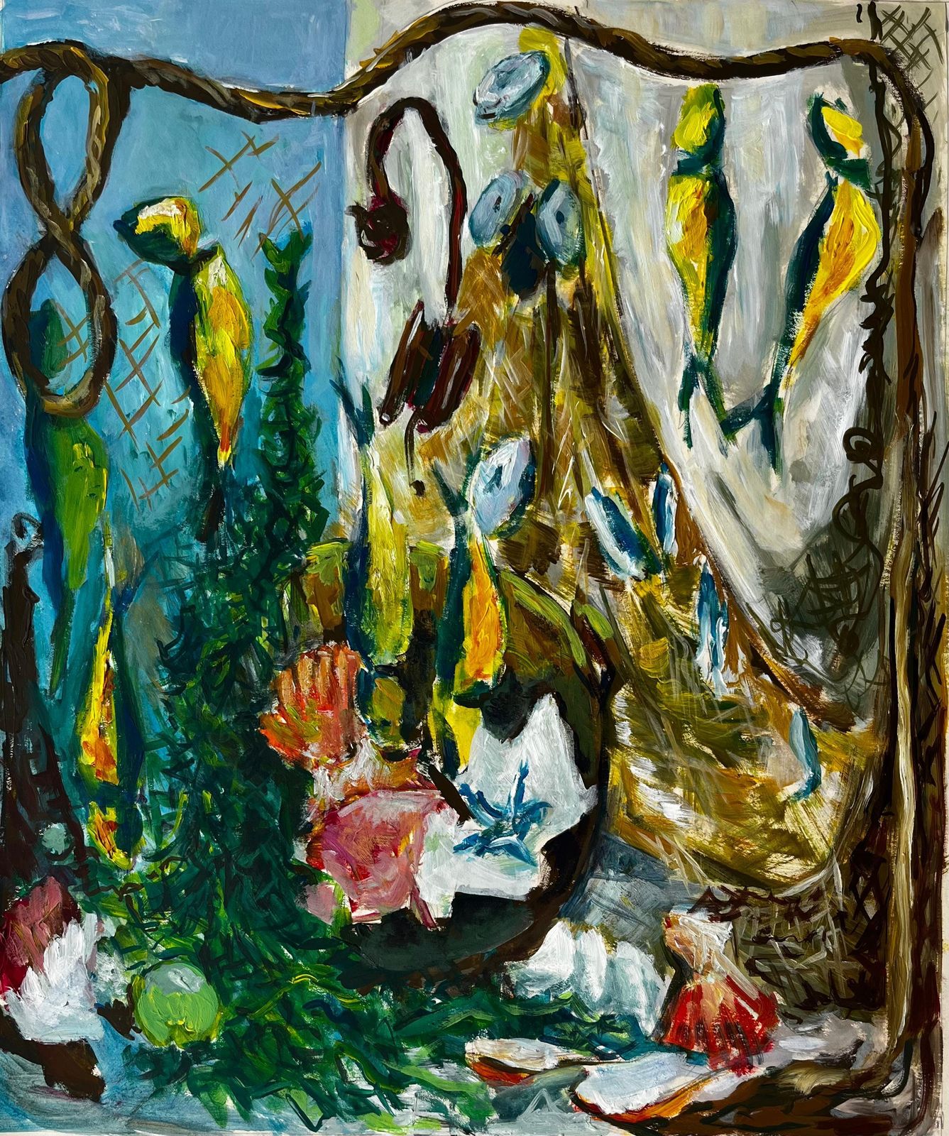 Guy Nicodstill Life With Shells And Yellow Birds French Modernist Gouache