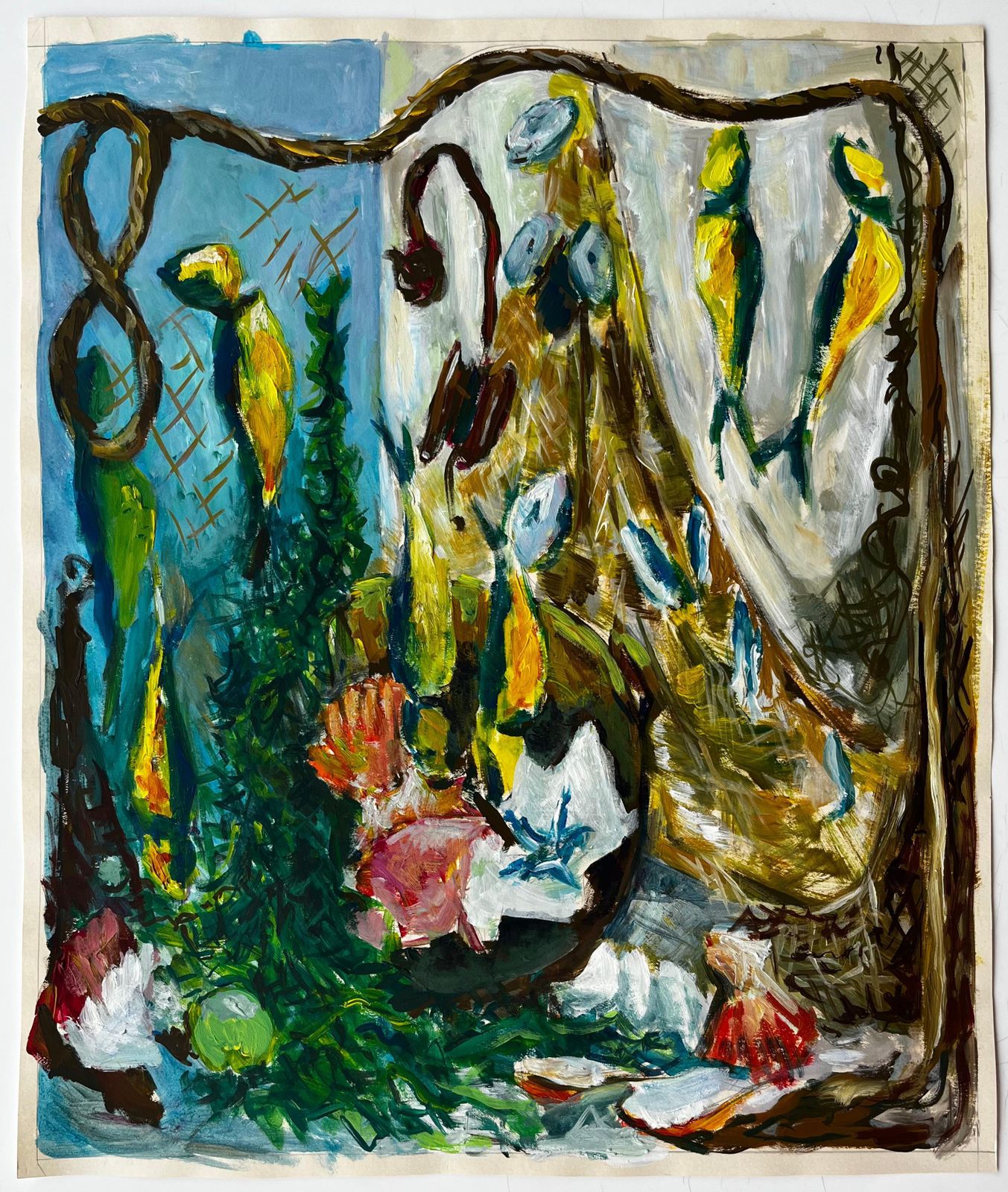 Guy Nicodstill Life With Shells And Yellow Birds French Modernist Gouache photo furniture