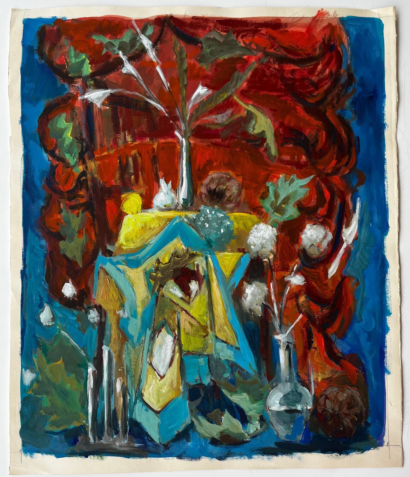 Guy Nicodfrench Modernist Still Life With Blue And Yellow Drapes And Red Background photo furniture