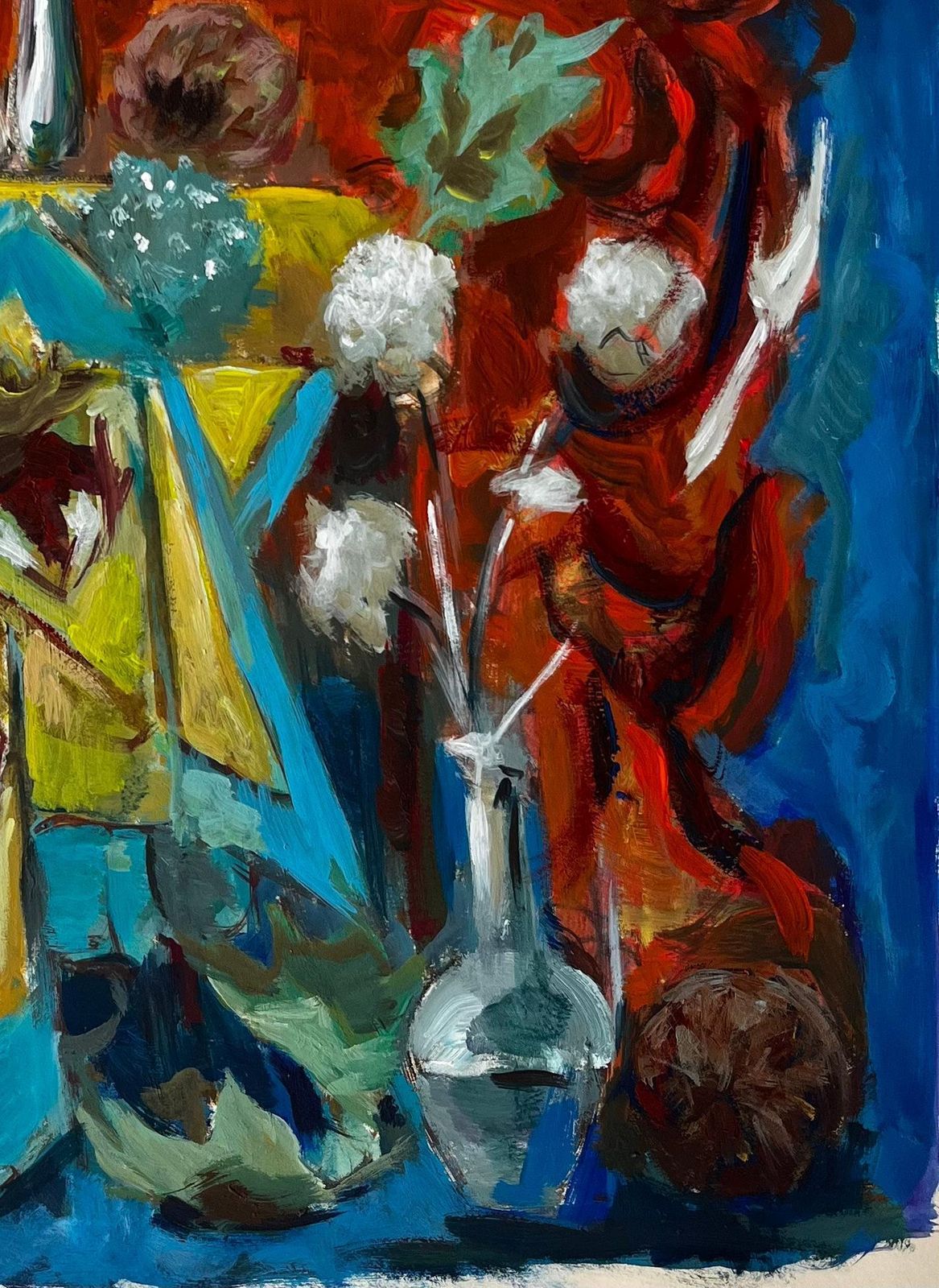 Guy Nicodfrench Modernist Still Life With Blue And Yellow Drapes And Red Background photo Art