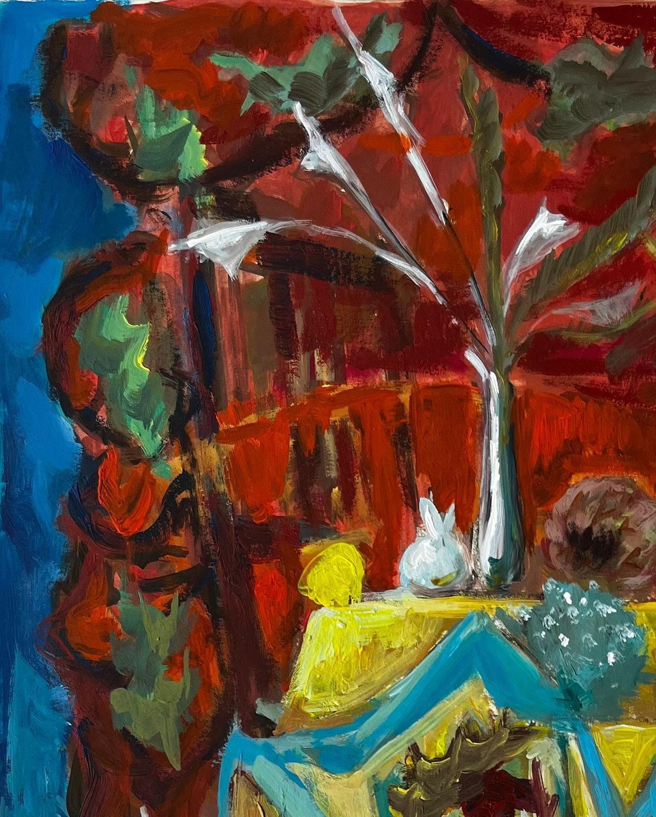 Guy Nicodfrench Modernist Still Life With Blue And Yellow Drapes And Red Background photo 590.0