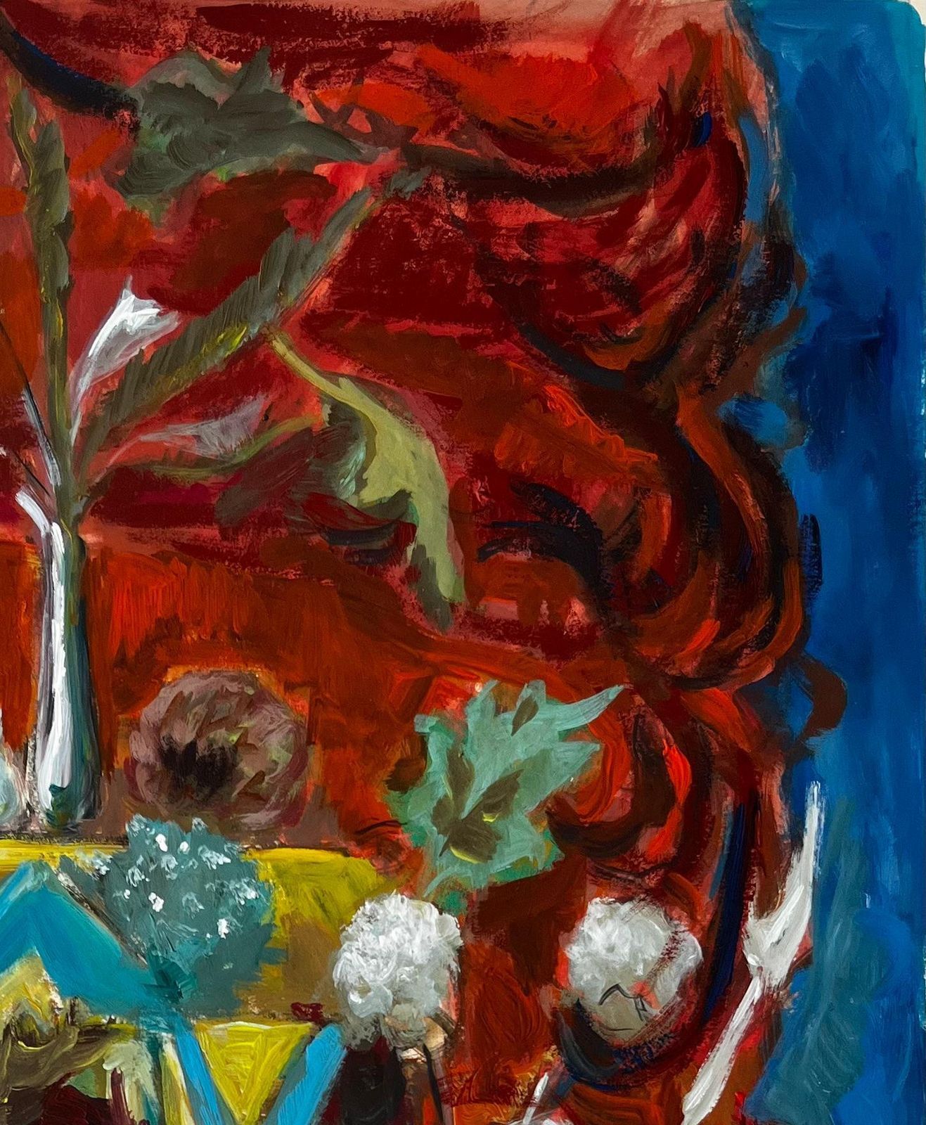 Guy Nicodfrench Modernist Still Life With Blue And Yellow Drapes And Red Background photo vinterior