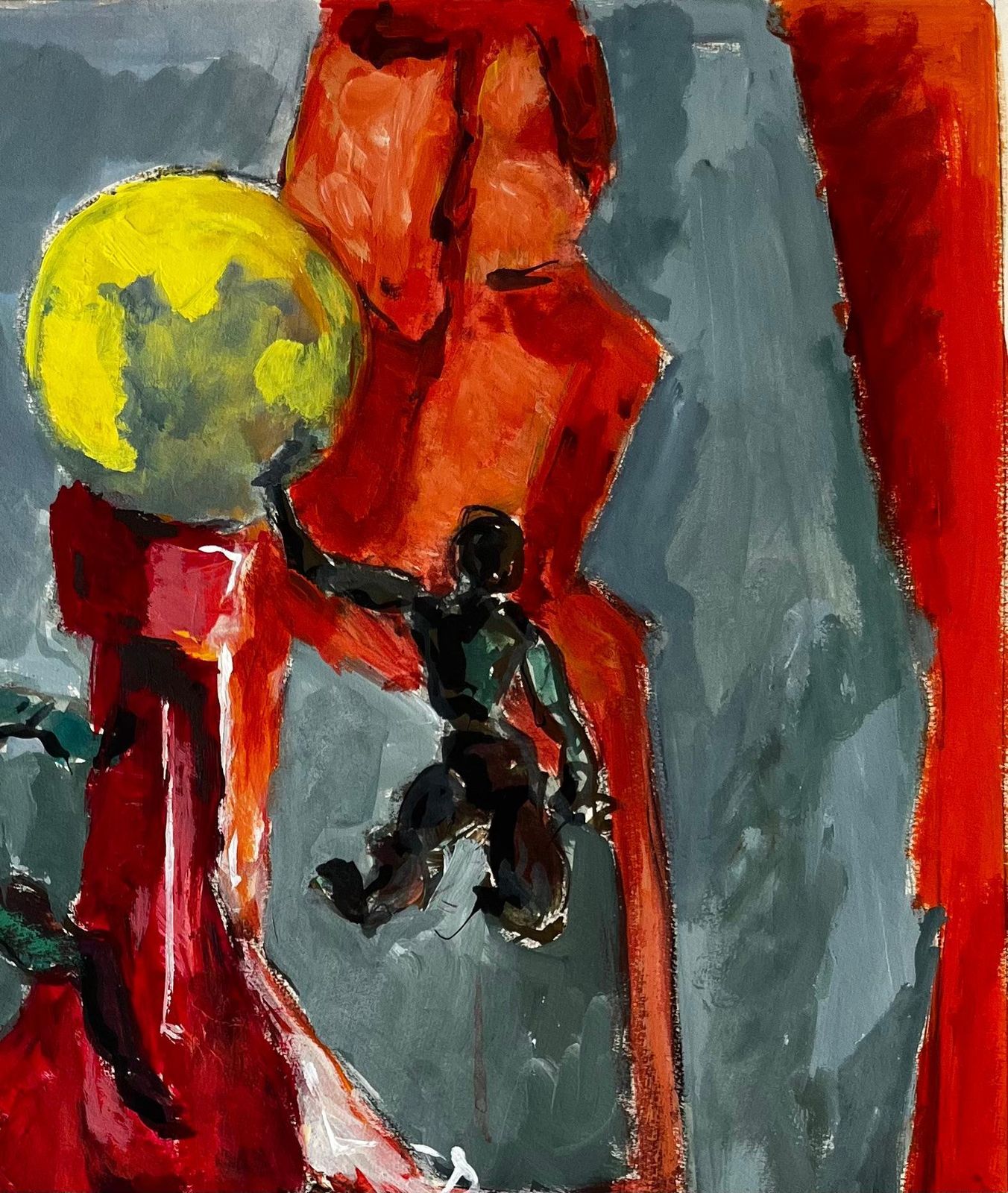 Guy Nicodstill Life With Wooden Mannequins Red Sculpture And Yellow Sphere French Gouache photo for sale
