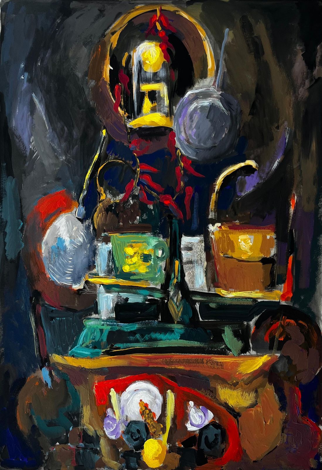 Guy Nicodstill Life With Lamp Cups And Flowers French Modernist Gouache