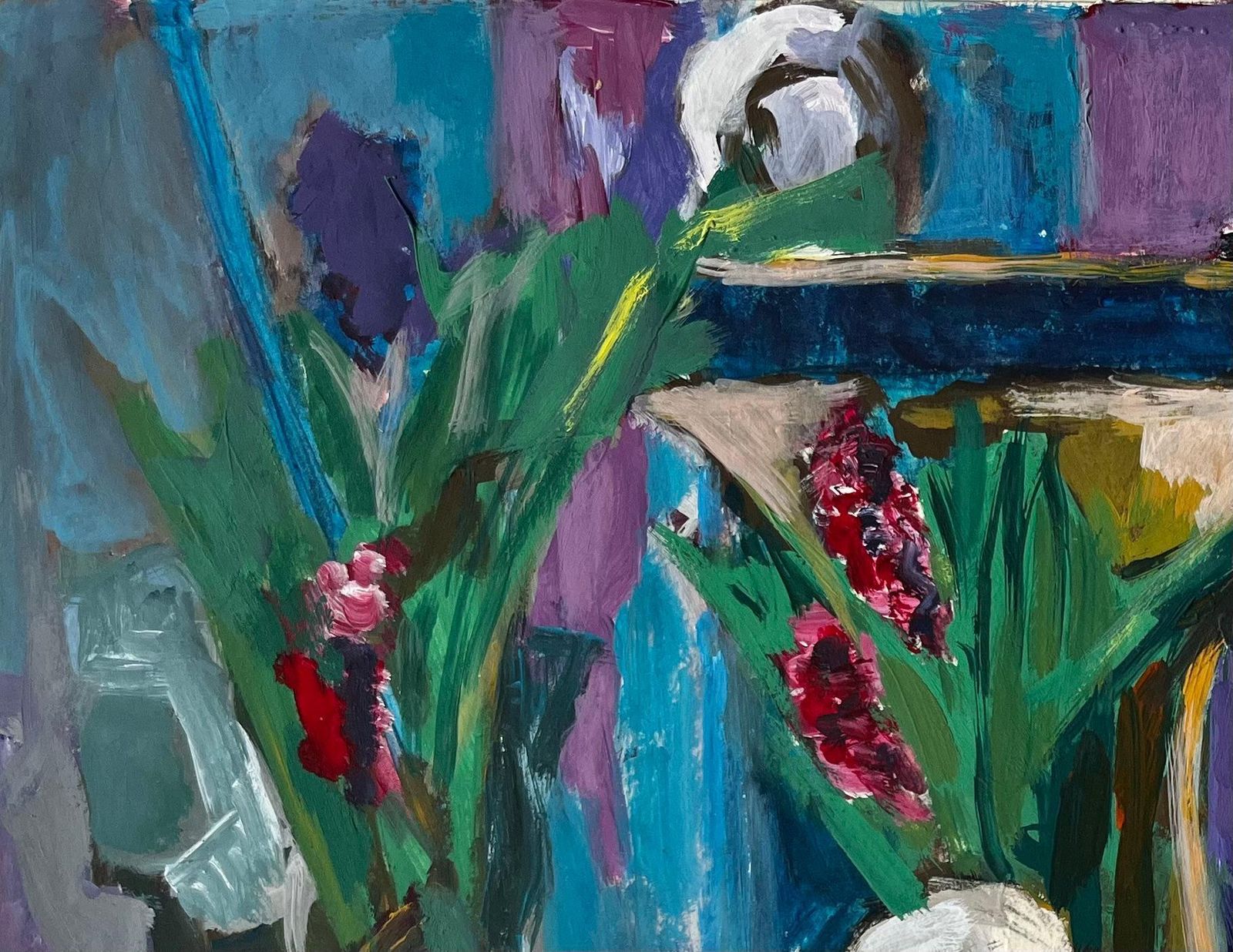 Guy Nicodfloral Still Life With Drapery And Purple Vase French Modern Gouache Painting photo 718.0