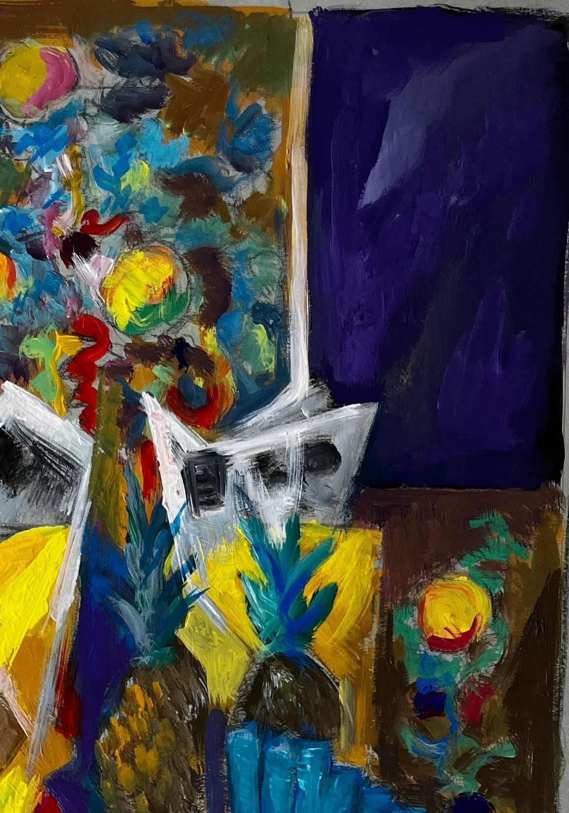 Guy Nicodvibrant Floral And Pineapple Still Life French Modern Gouache Painting photo Art