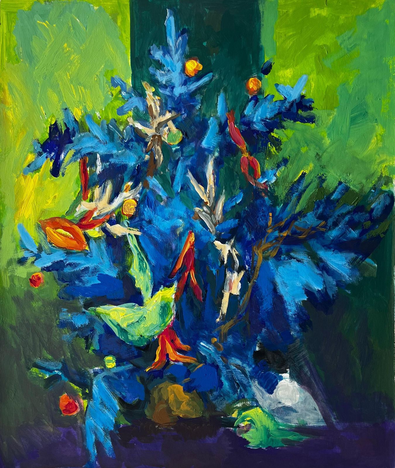 Guy Nicodstill Life With Blue And Green Foliage French Modernist Gouache