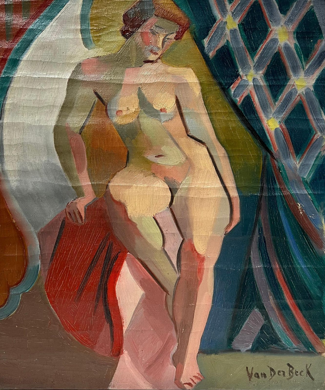 Henri Van Der Beck1930's French Cubist Signed Oil Nude Lady1930's