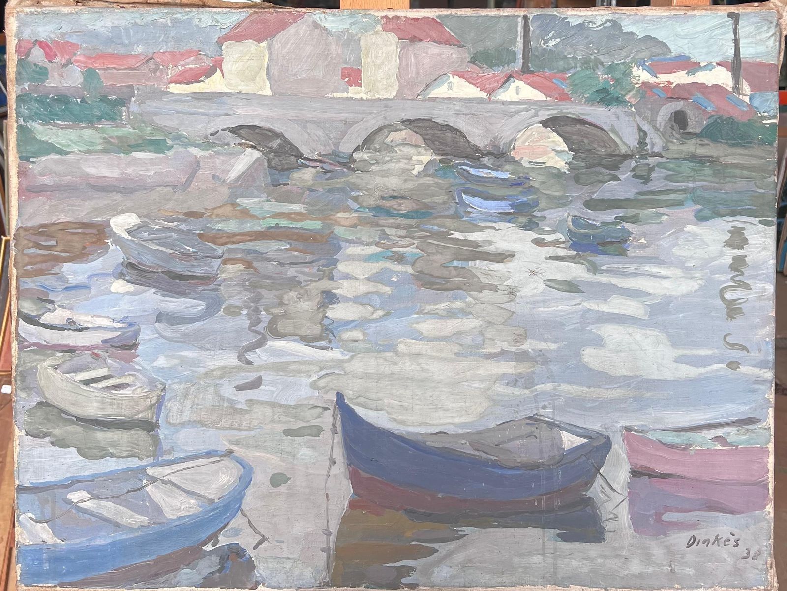 Suzanne Dinkesgrey Stone Bridge Arch Bridge Boat Canal French Impressionist Painting1950's photo furniture