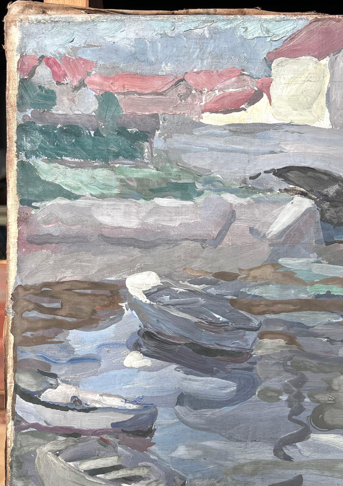Suzanne Dinkesgrey Stone Bridge Arch Bridge Boat Canal French Impressionist Painting1950's photo 712.0