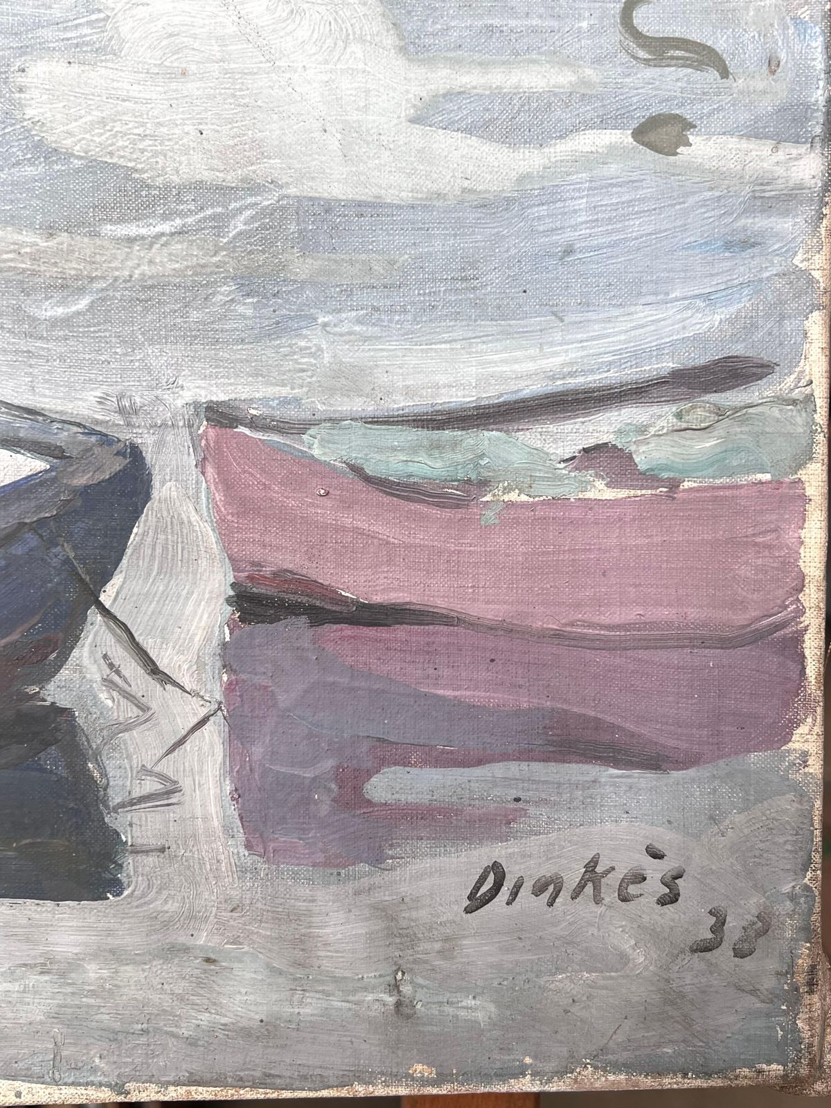 Suzanne Dinkesgrey Stone Bridge Arch Bridge Boat Canal French Impressionist Painting1950's photo vintage