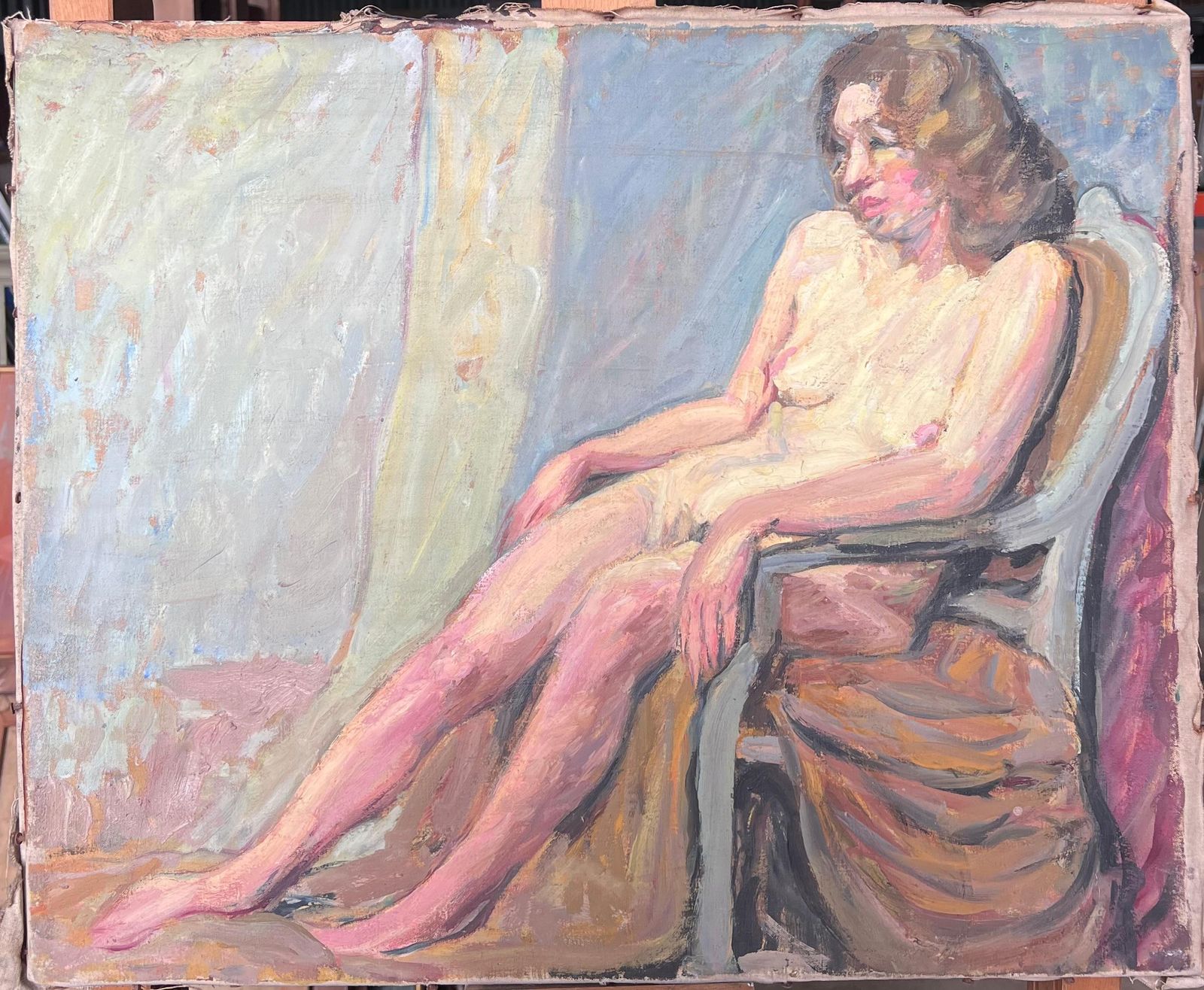 Suzanne Dinkesnude Study Of A Lady Posed On A Chair Mid Century French Painting1950's photo furniture