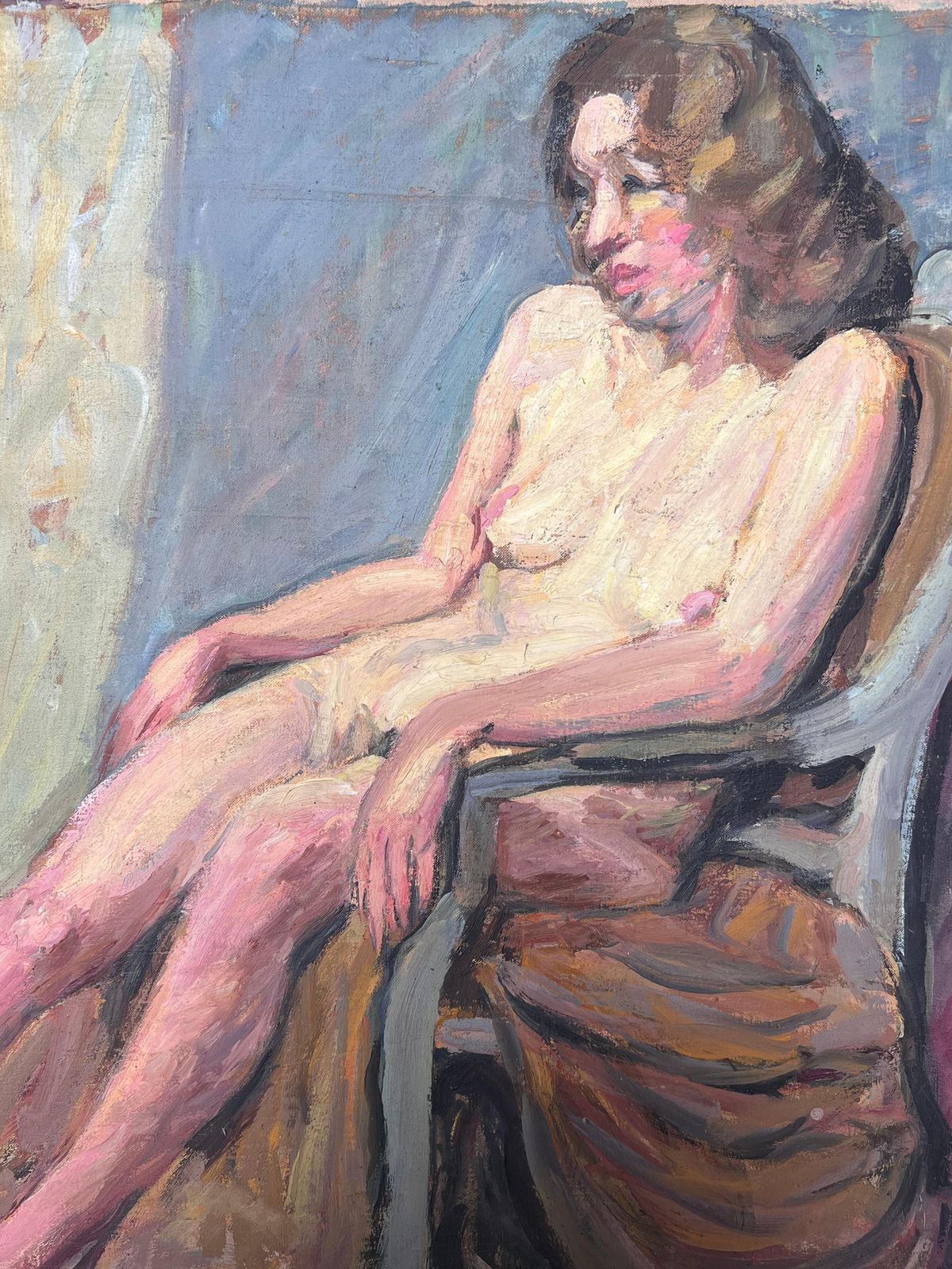 Suzanne Dinkesnude Study Of A Lady Posed On A Chair Mid Century French Painting1950's photo for sale