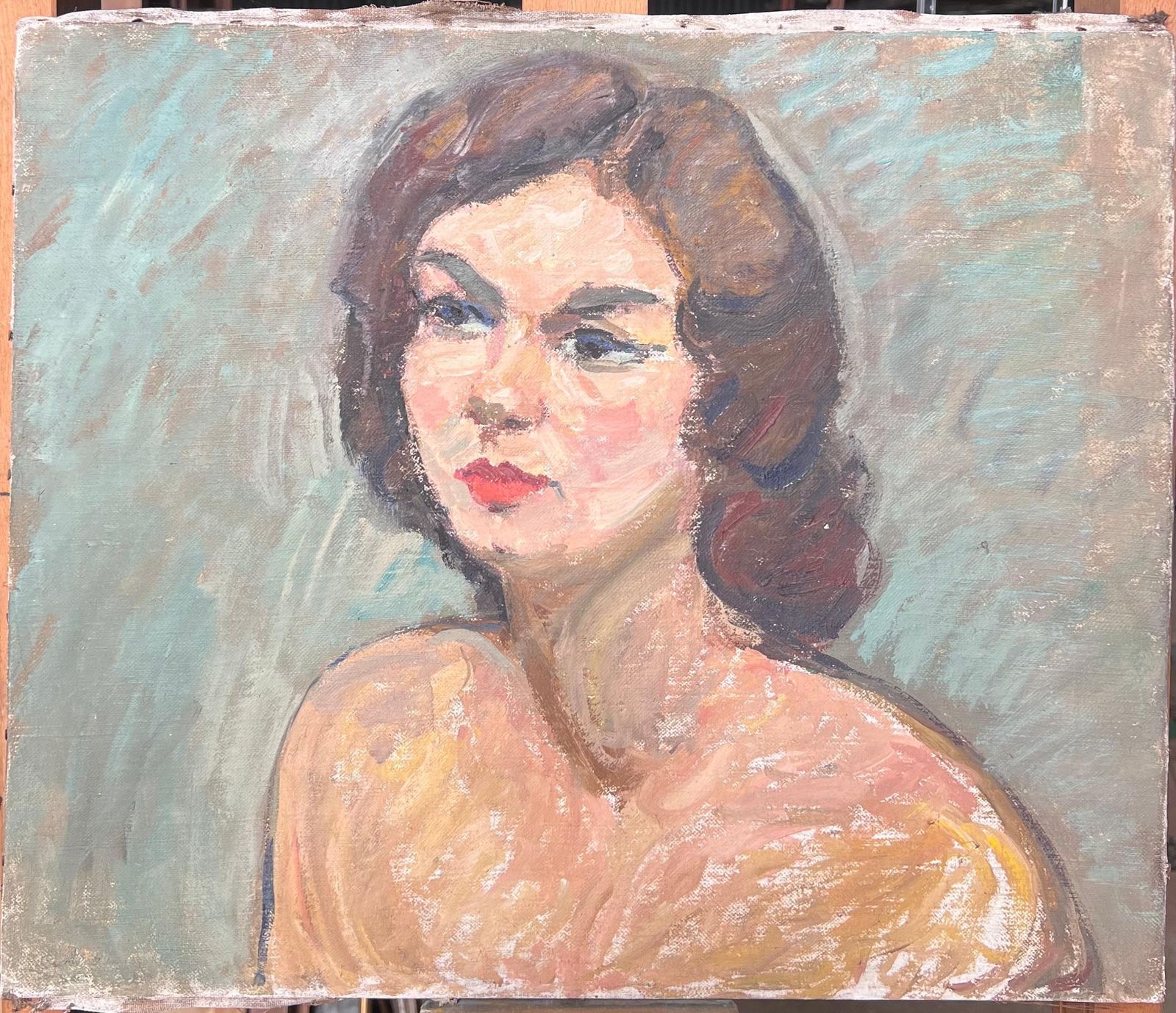Suzanne Dinkesportrait Of A Brunette Nude Lady With Blue Eyeliner Mid Century French Painting1950's photo furniture