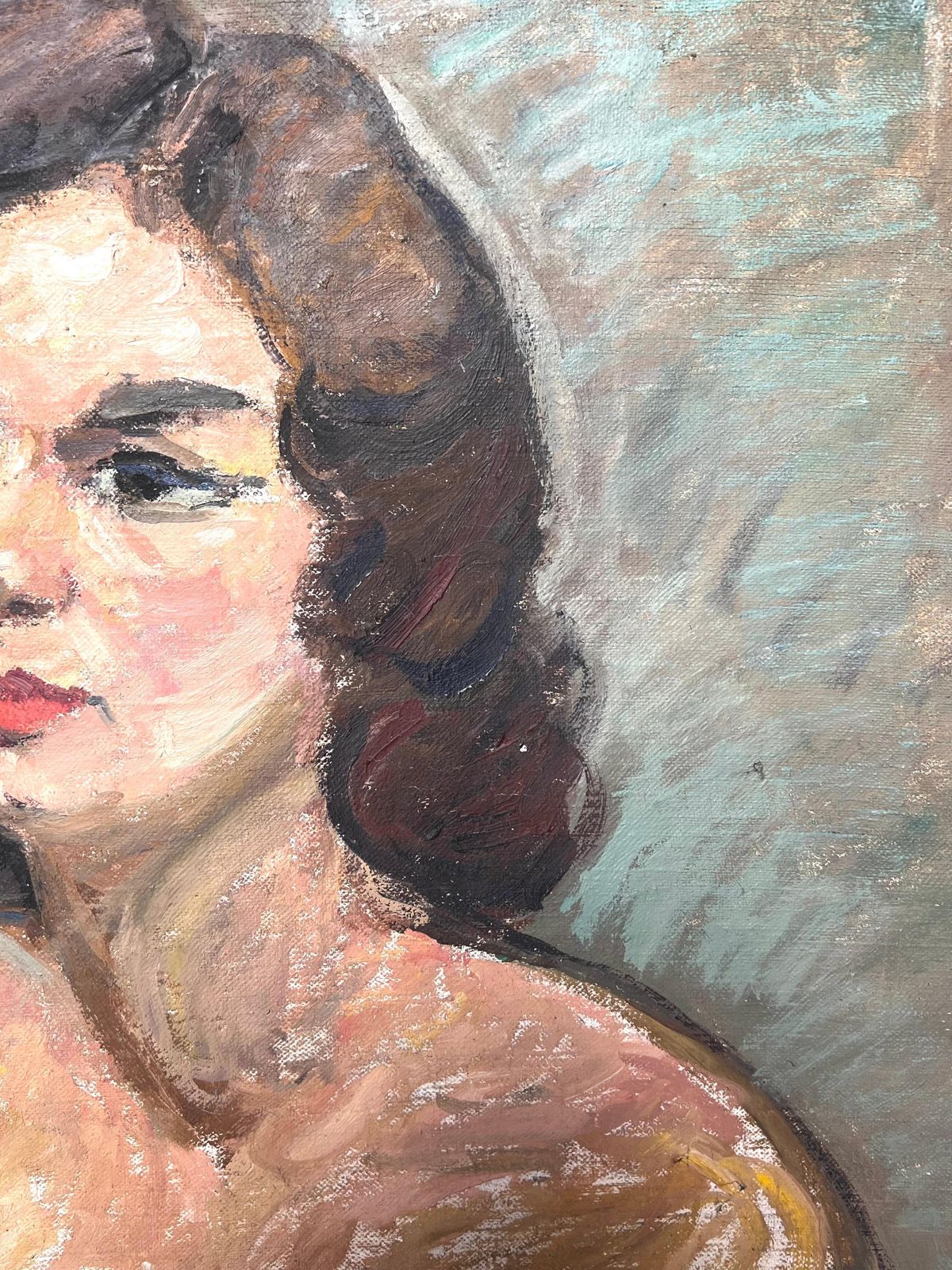 Suzanne Dinkesportrait Of A Brunette Nude Lady With Blue Eyeliner Mid Century French Painting1950's photo for sale