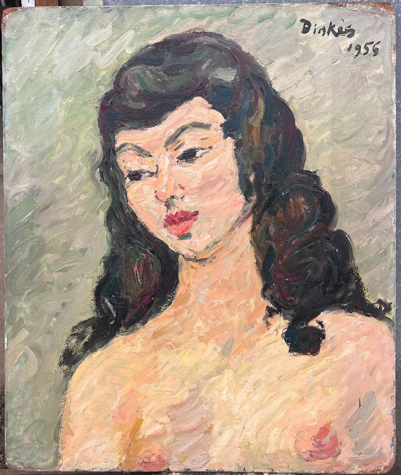 Suzanne Dinkesnude Portrait Of A Female With Black Hair And Bold Features French Painting1950's photo furniture