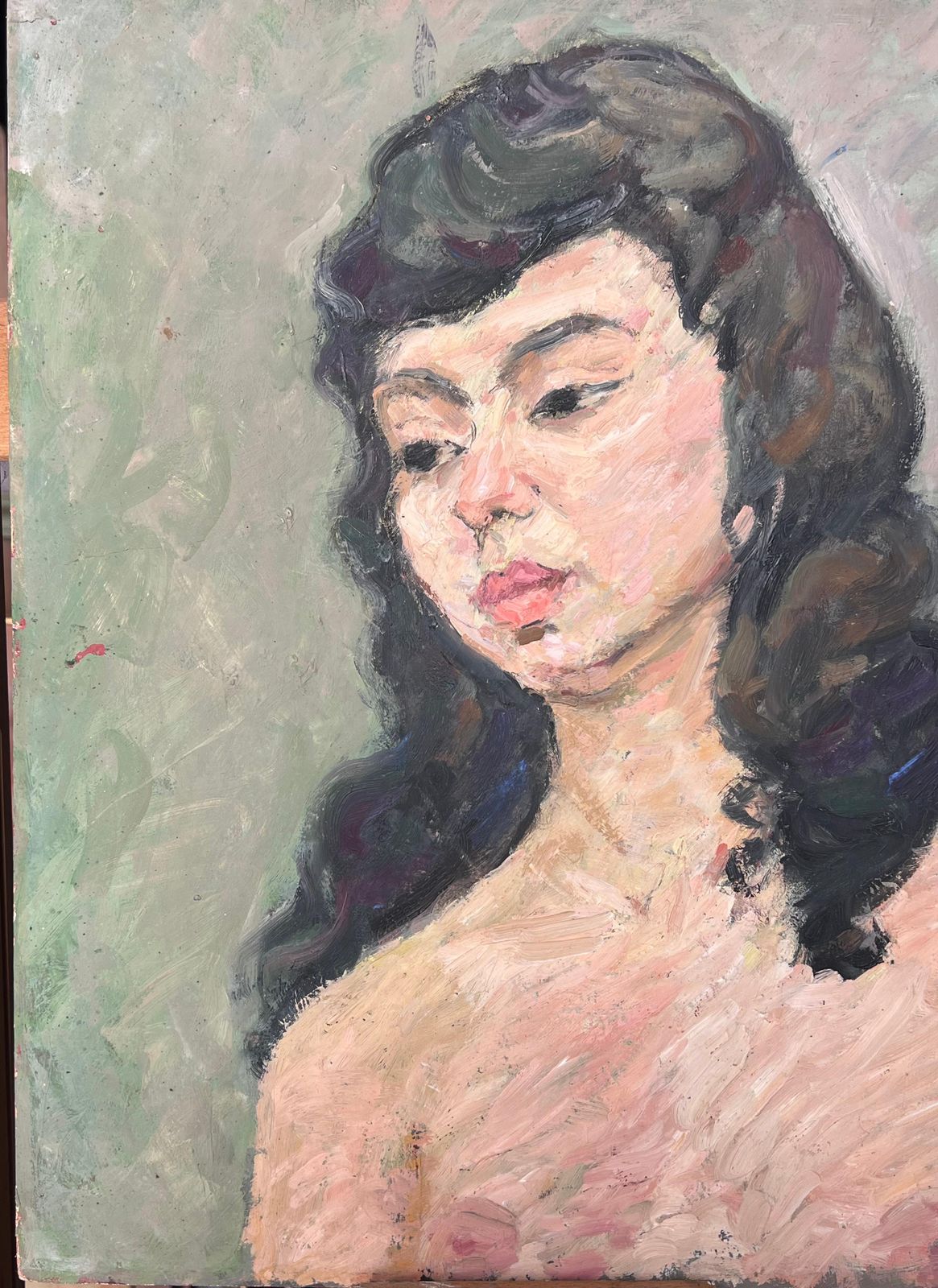 Suzanne Dinkesnude Portrait Of A Female With Black Hair Mid Century French Painting1950's photo vinterior