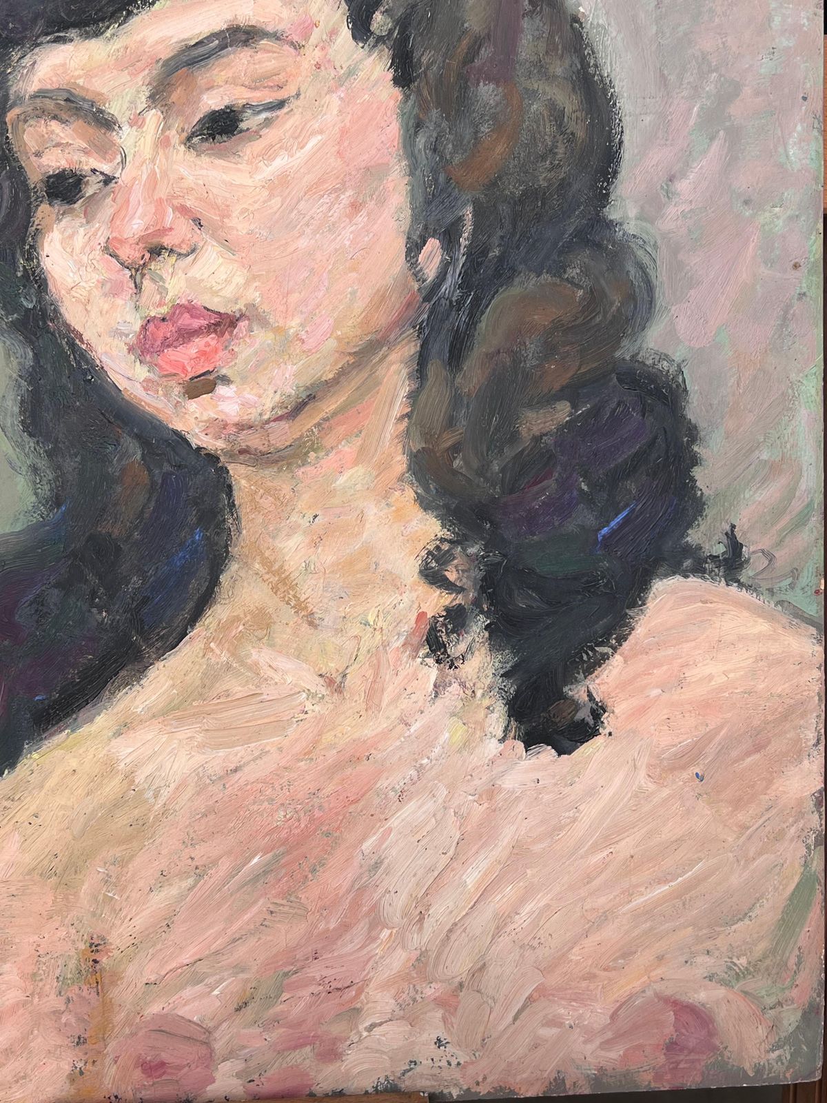 photo furniture Suzanne Dinkesnude Portrait Of A Female With Black Hair Mid Century French Painting1950's