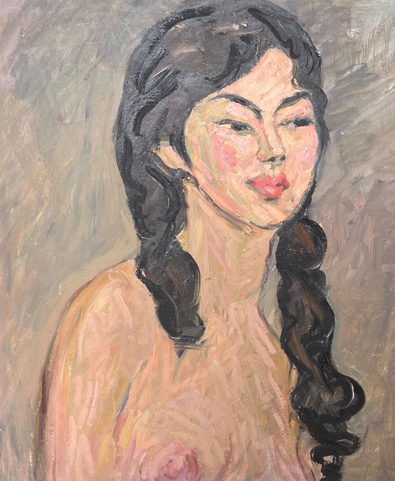 Suzanne Dinkesnude Portrait Of A Female With Black Curly Hair Mid Century French Painting1950's