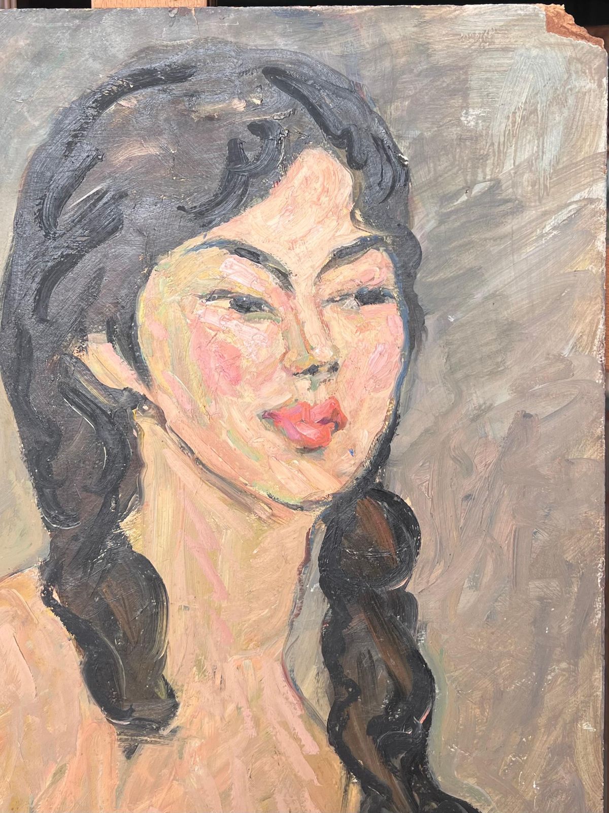 Suzanne Dinkesnude Portrait Of A Female With Black Curly Hair Mid Century French Painting1950's photo for sale