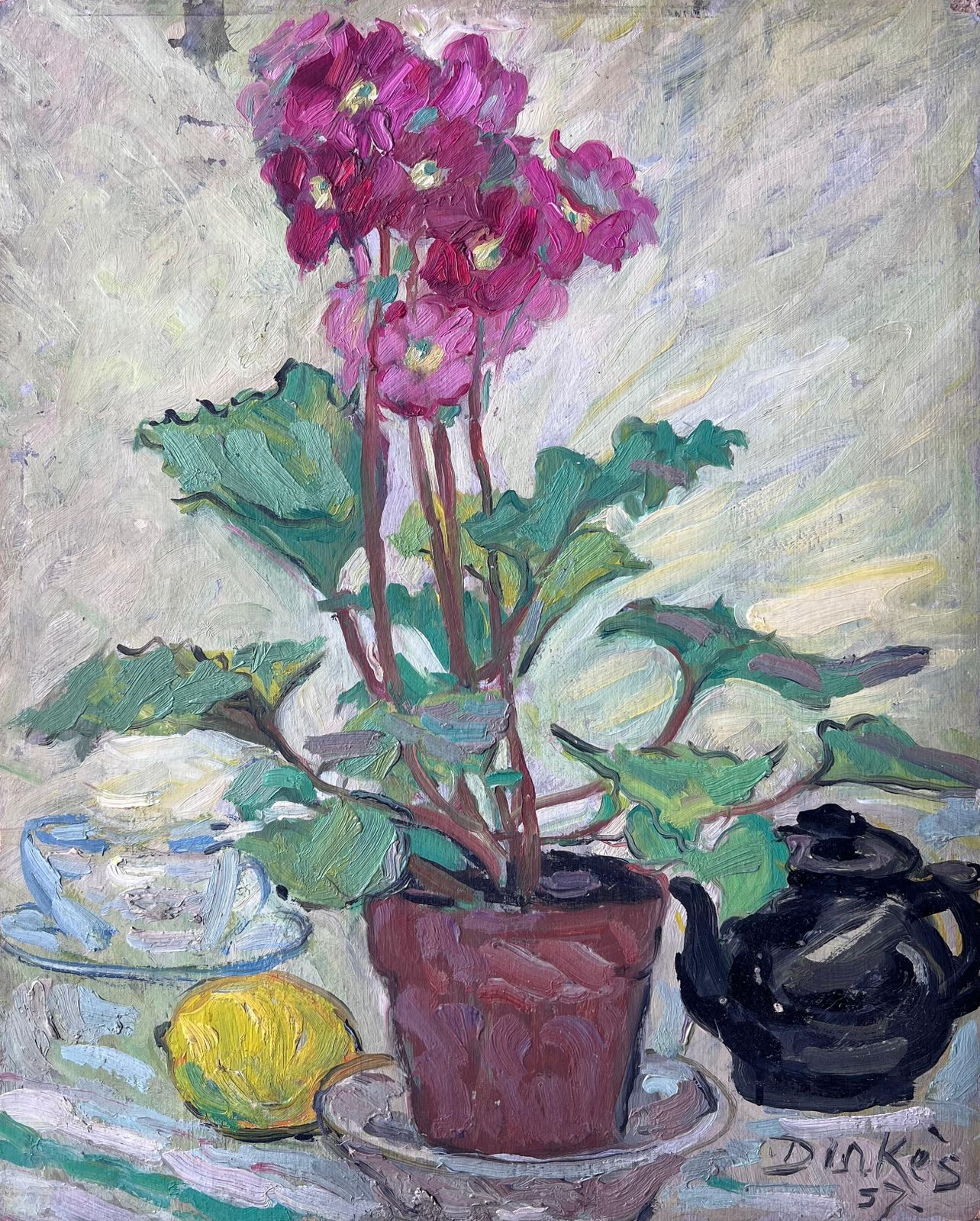 Suzanne Dinkespink Flowers In Plant Pot Kitchen Interior Mid Century French Painting1950's