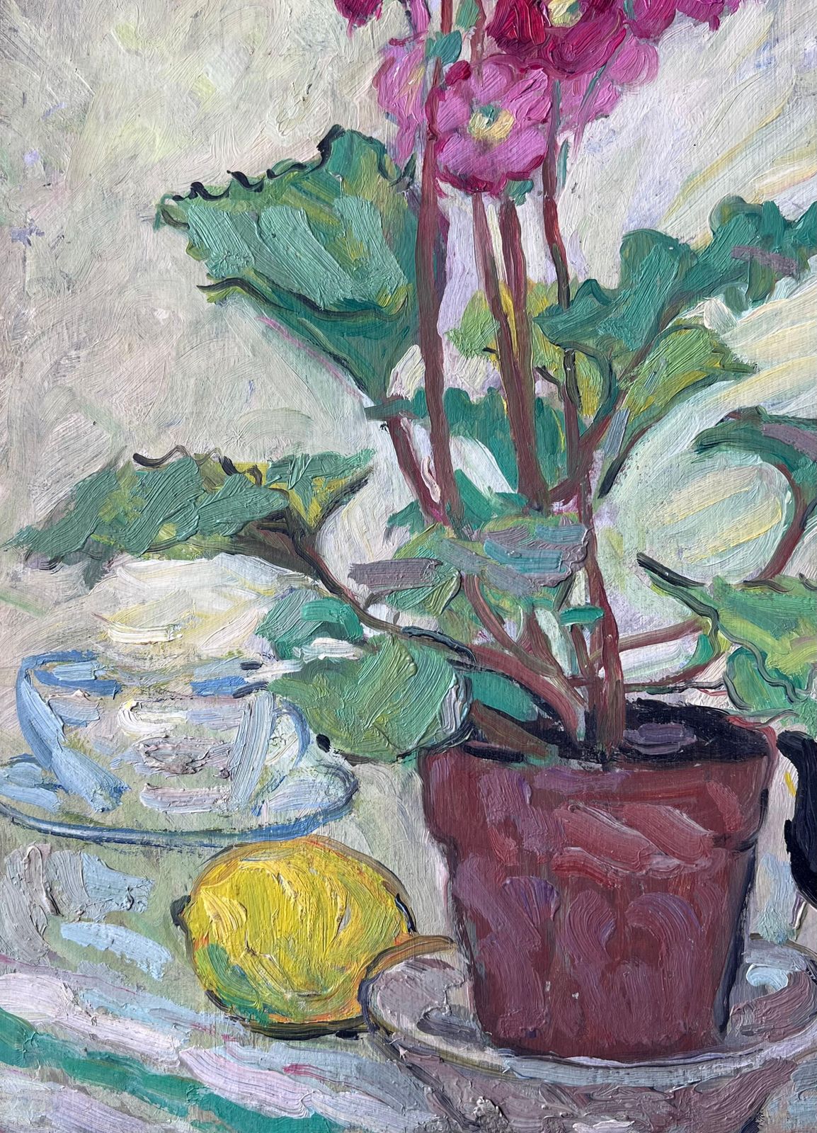 Suzanne Dinkespink Flowers In Plant Pot Kitchen Interior Mid Century French Painting1950's photo vinterior