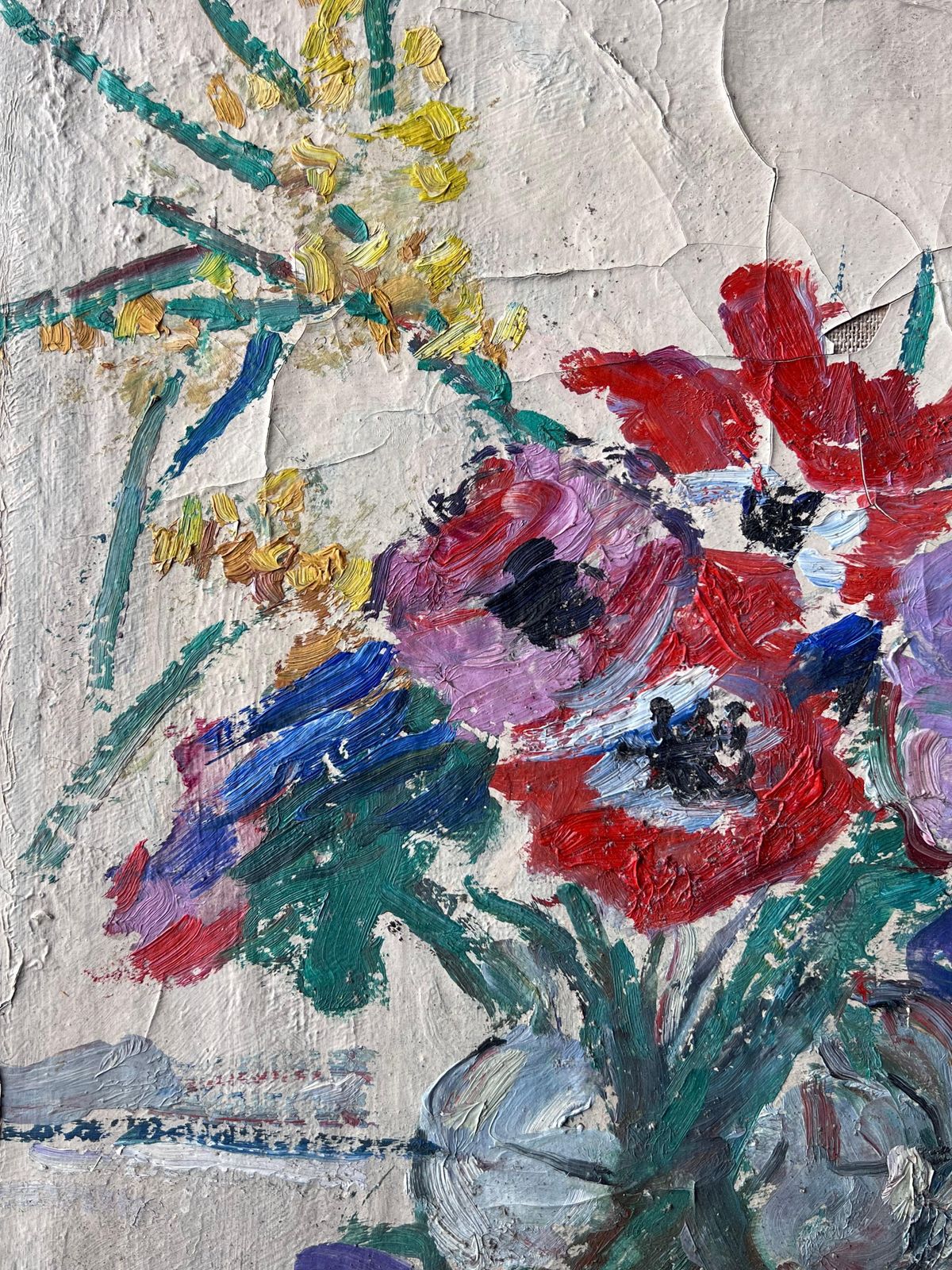 Suzanne Dinkesred And Purple Anemones In Glass Vase Mid Century Impressionist French Painting1950's photo for sale