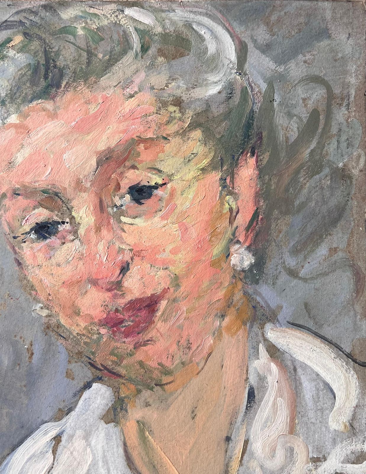 Suzanne Dinkesmid Century French Painting Of A Chic Grey Haired Lady With Pearl Earrings1950's photo 733.0