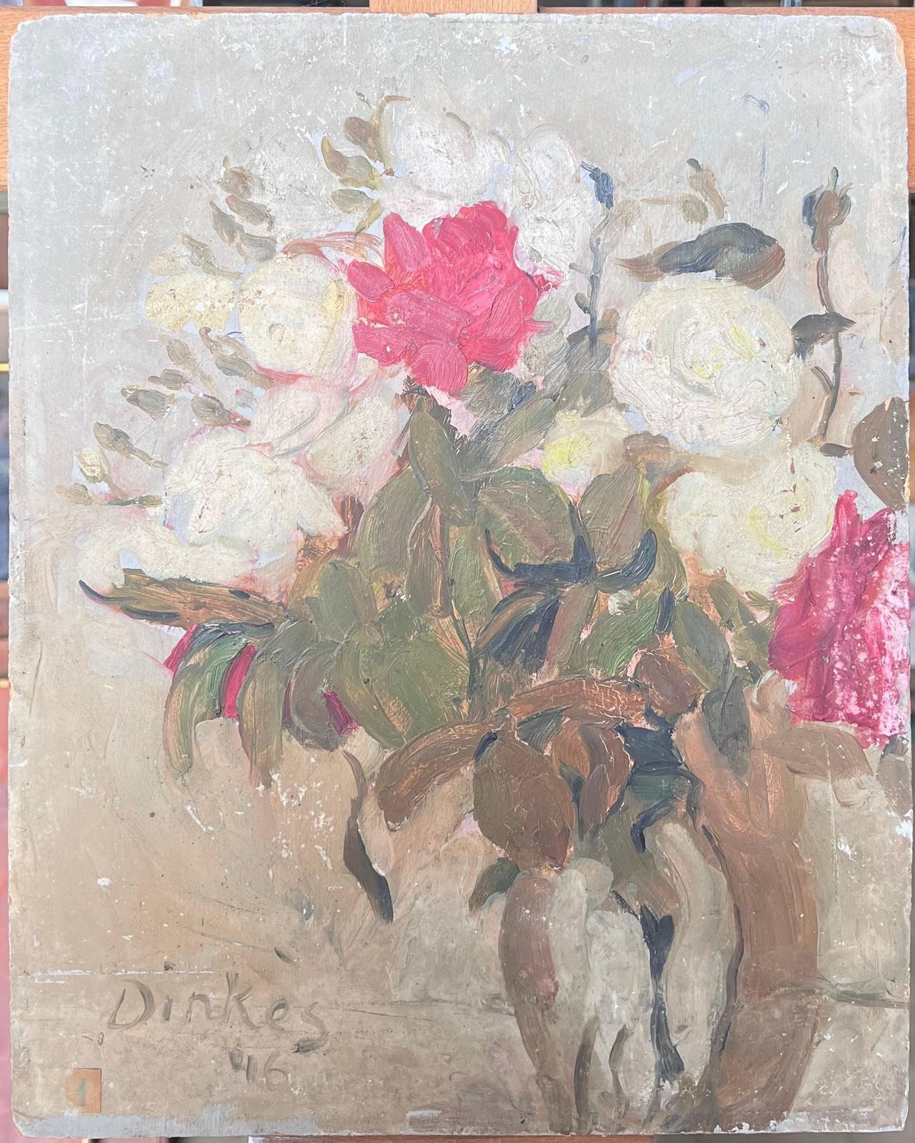 Suzanne Dinkeswhite & Pink Roses In Brown Vase Still Life Mid Century French Impressionist Oil photo furniture