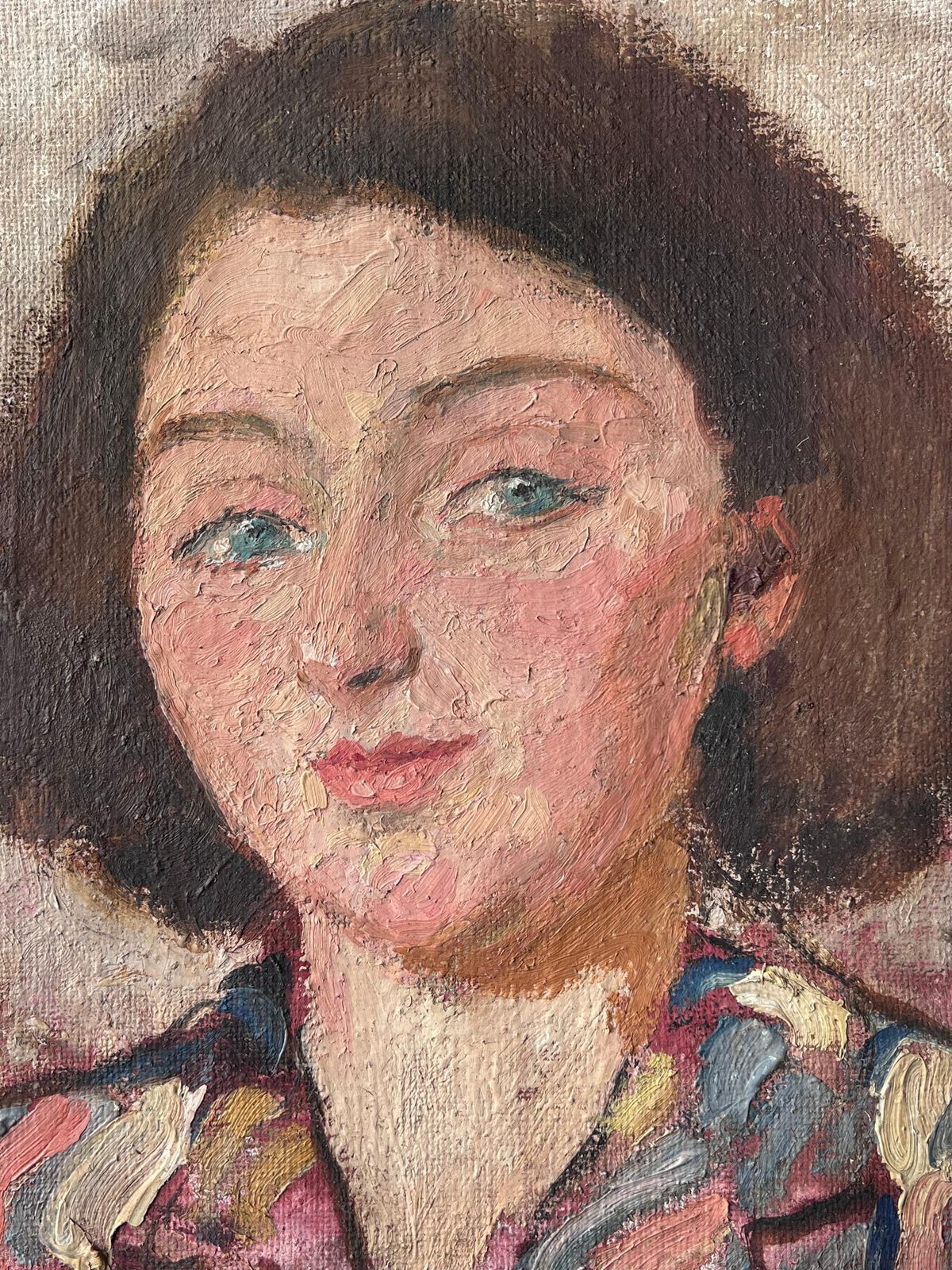 Suzanne Dinkesmid Century French Impressionist Painting Green Eyed Chic Brunette Portrait1950's photo for sale