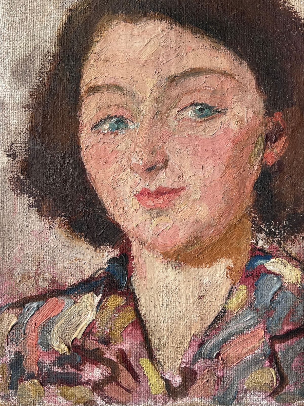 Suzanne Dinkesmid Century French Impressionist Painting Green Eyed Chic Brunette Portrait1950's photo Art