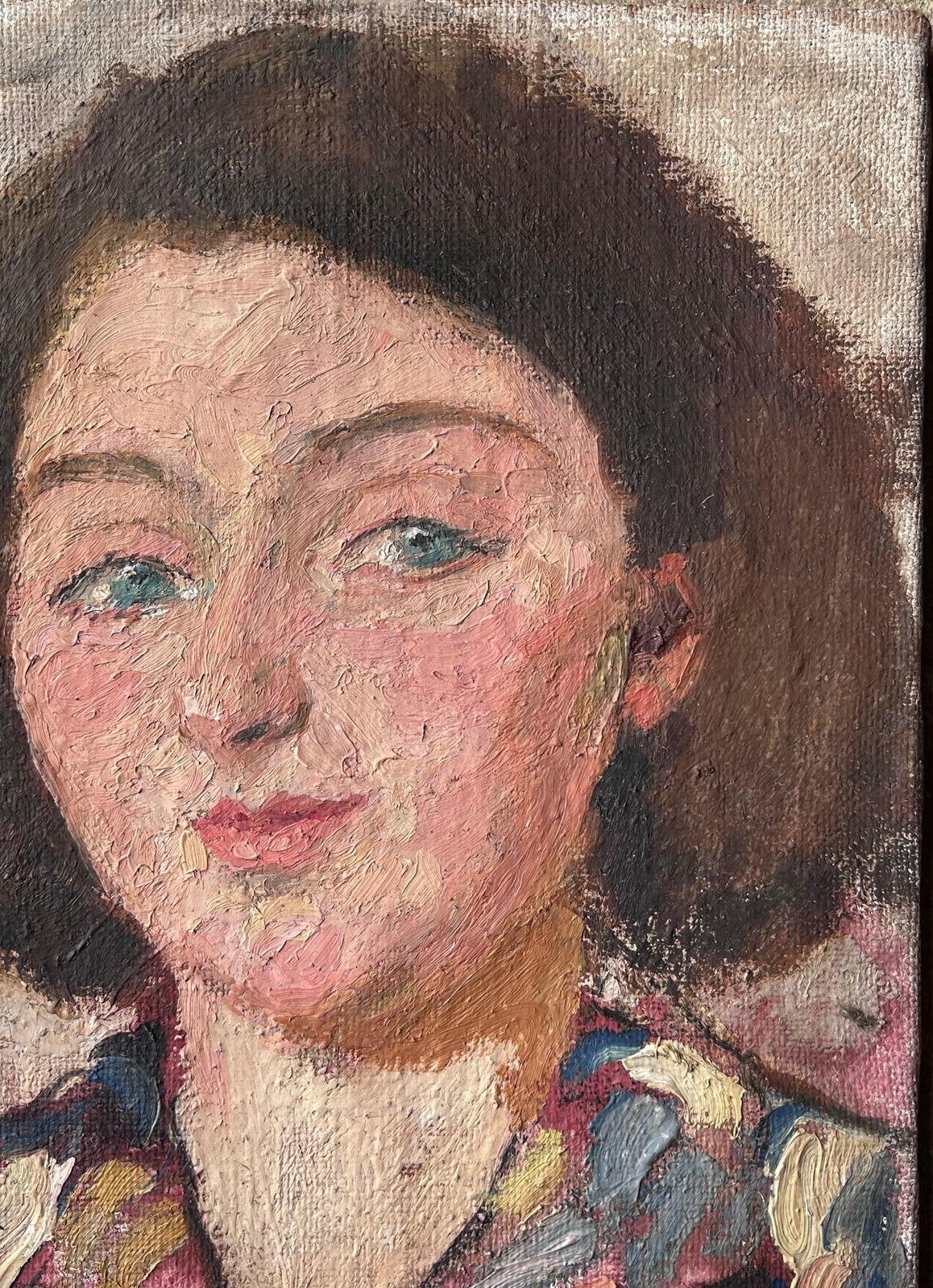 Suzanne Dinkesmid Century French Impressionist Painting Green Eyed Chic Brunette Portrait1950's photo vinterior