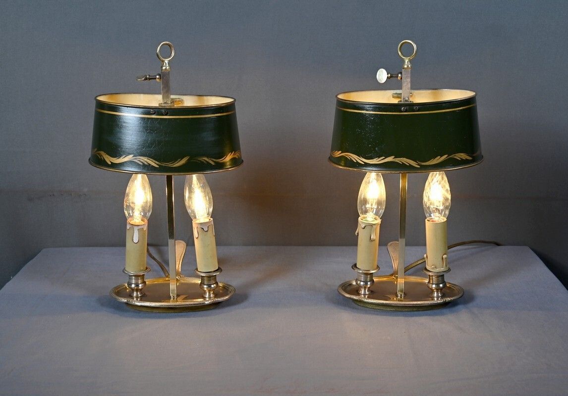 Pair Of Brass Bouillotte Lamps Empire Style  Early 20th Century photo for sale
