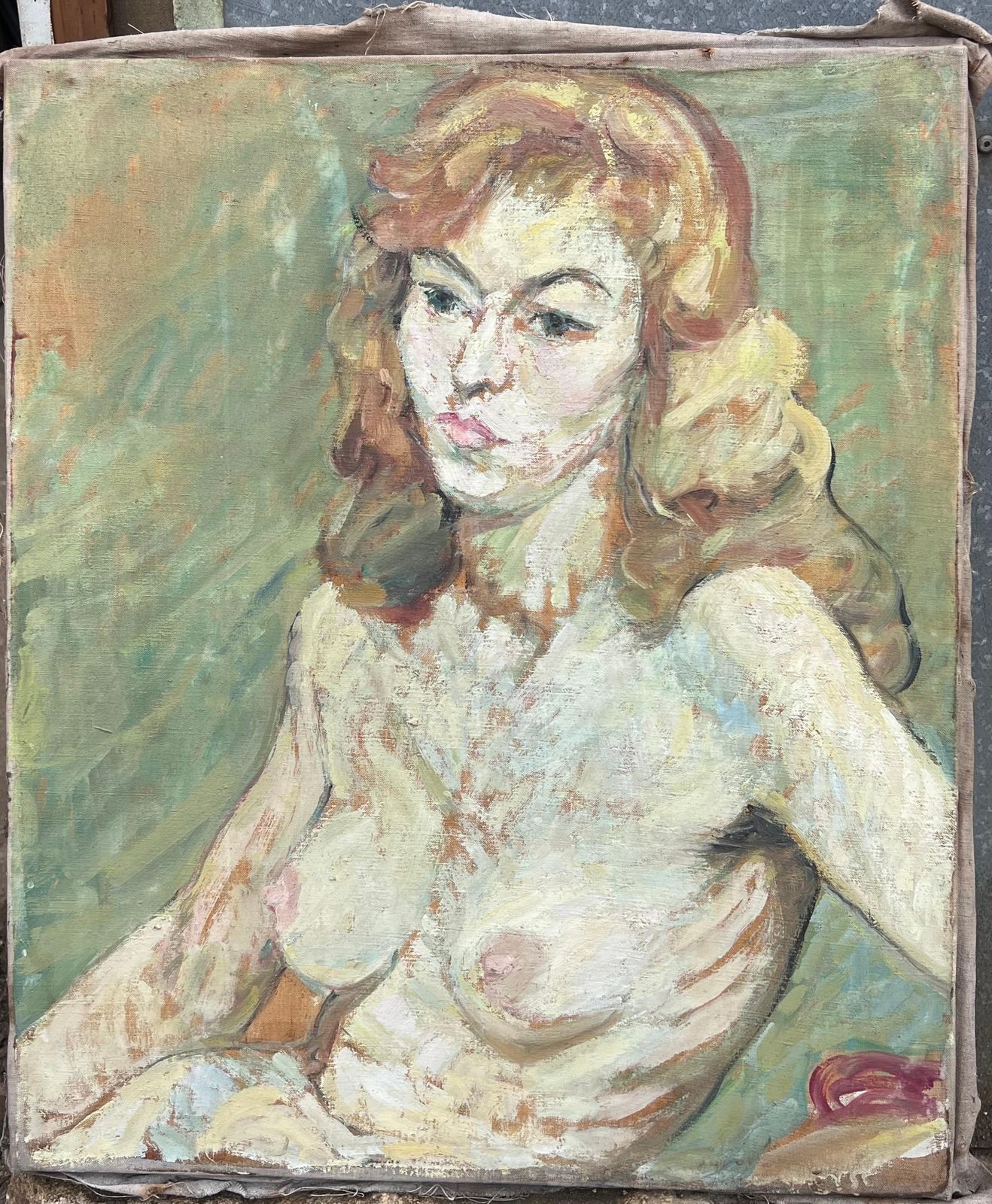 Suzanne Dinkesblonde Nude Female In Green Interior Mid Century French Impressionist Painting1950's photo furniture